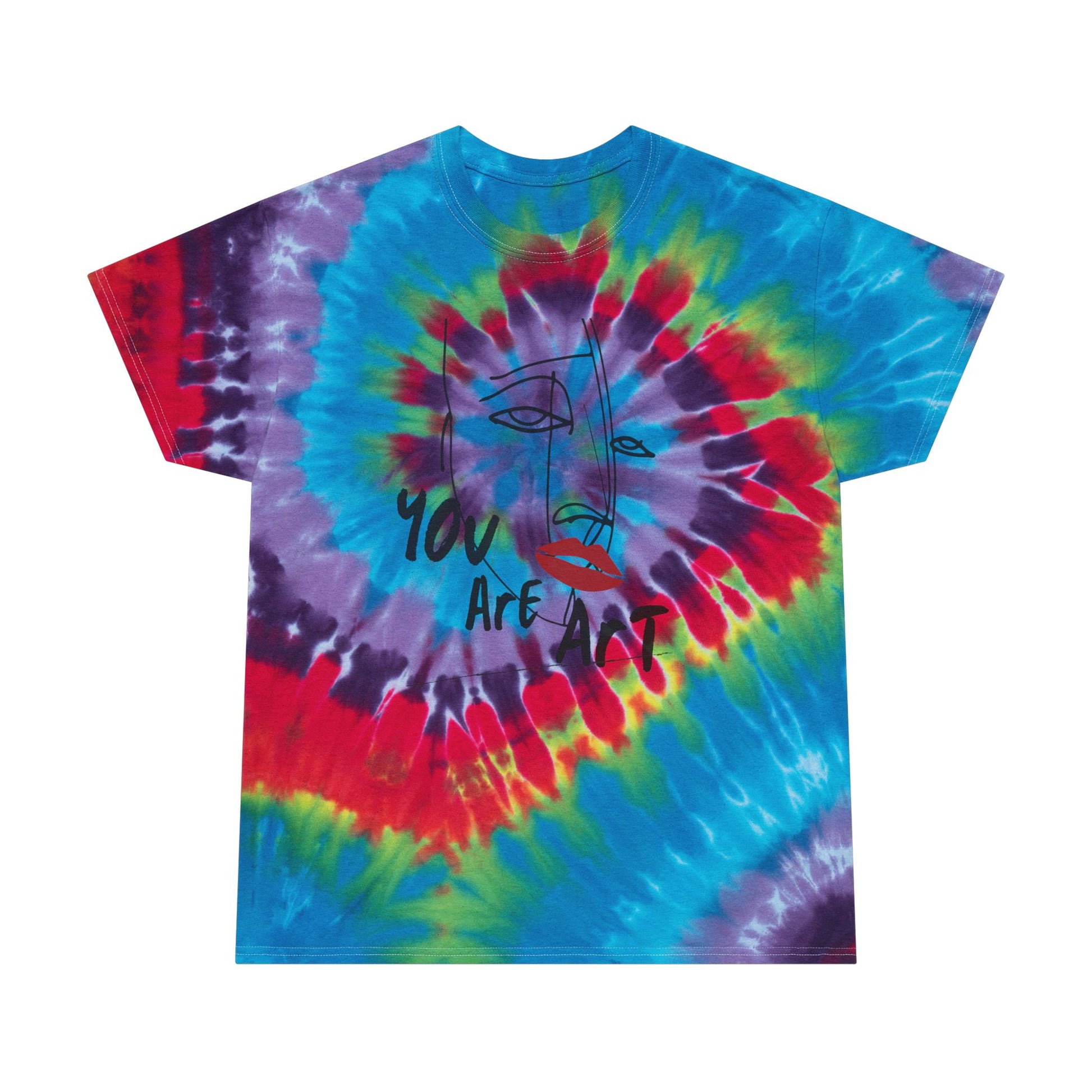 Tie-dye T-shirt featuring a vibrant spiral rainbow pattern with an artistic line-drawn face and "You Are Art" graphic on the front. Soft cotton unisex festival tee in blue, purple, red, and green colors, ideal for summer, beach trips, music festivals, casual streetwear, and inspirational gift giving.