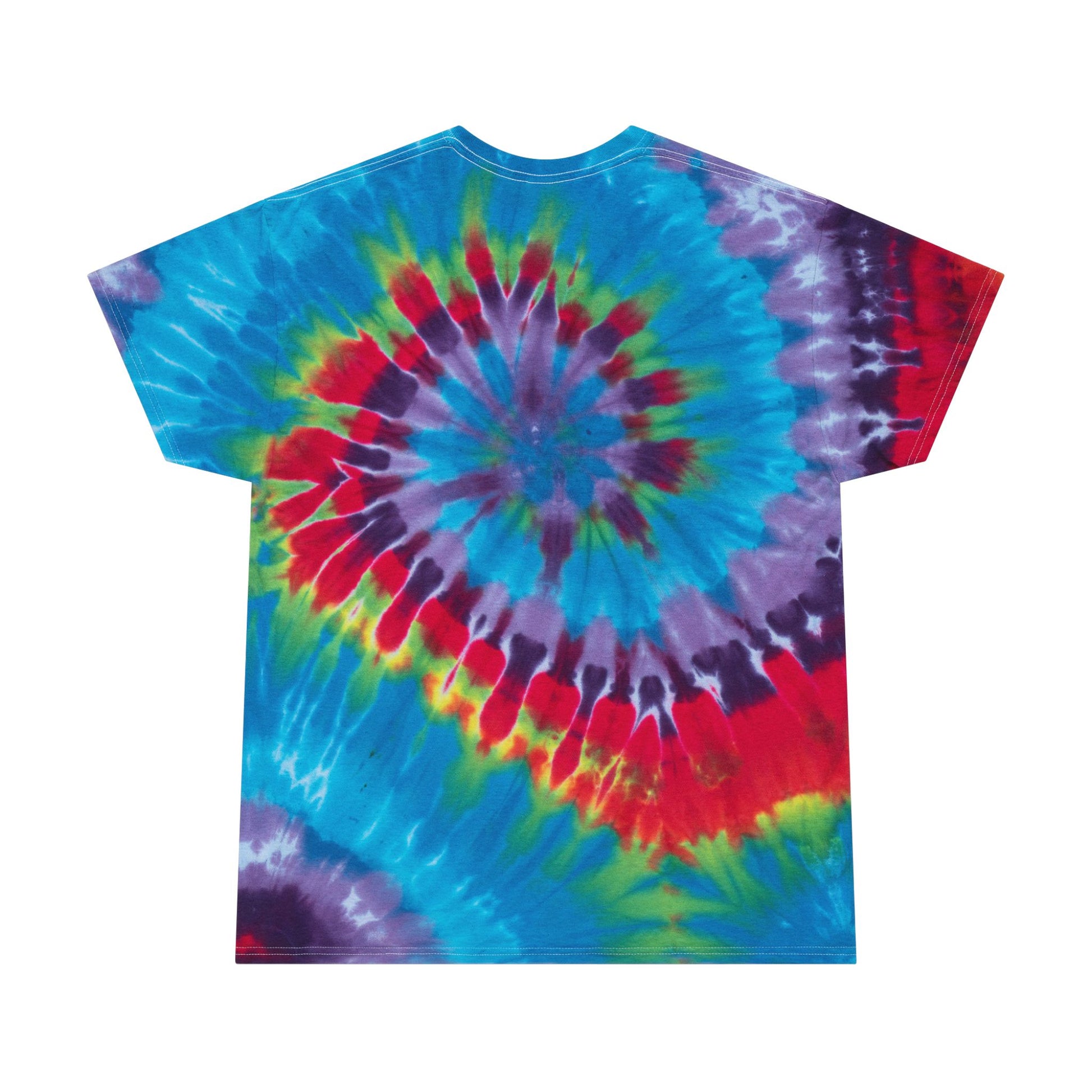 Colorful spiral tie-dye T-shirt featuring vibrant blue, red, purple, green, and white hues in a psychedelic swirl design. Soft unisex casual tee perfect for festivals, concerts, beach days, summer outfits, hippie style, and everyday wear.