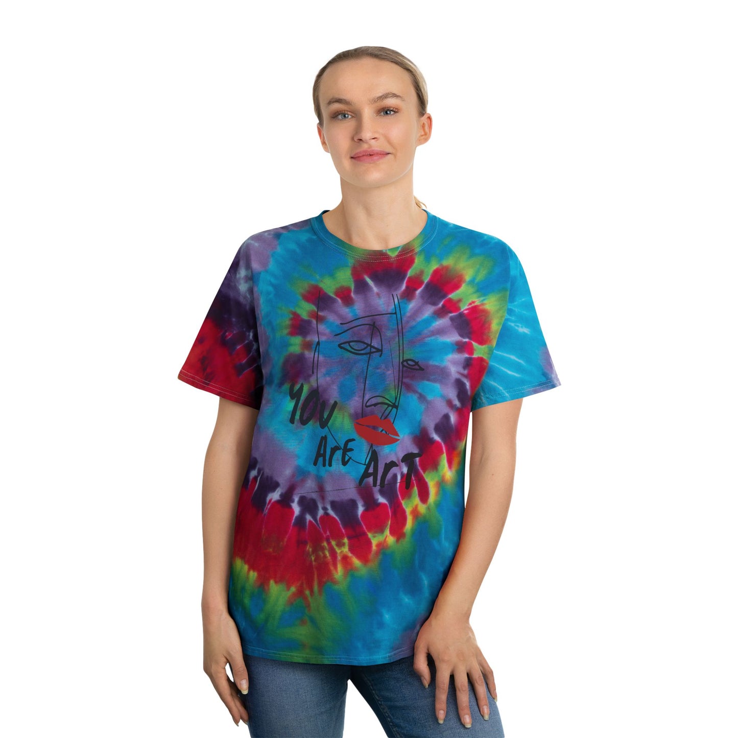 Person wearing a colorful spiral tie-dye graphic t-shirt featuring a minimalist line art face with the words "You Are Art" on a white background. Unisex casual tee ideal for summer, music festivals, beach trips, everyday wear, and artistic streetwear style.