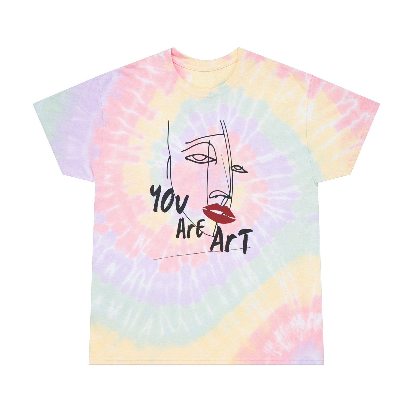 Abstract line art face graphic on pastel spiral tie-dye t-shirt featuring the inspirational phrase "You Are Art." Soft rainbow swirl design with a relaxed unisex fit, perfect for summer festivals, beach days, casual streetwear, artistic fashion, gifts for creatives, and everyday wear. Colorful boho-inspired cotton tee with modern minimalist artwork.