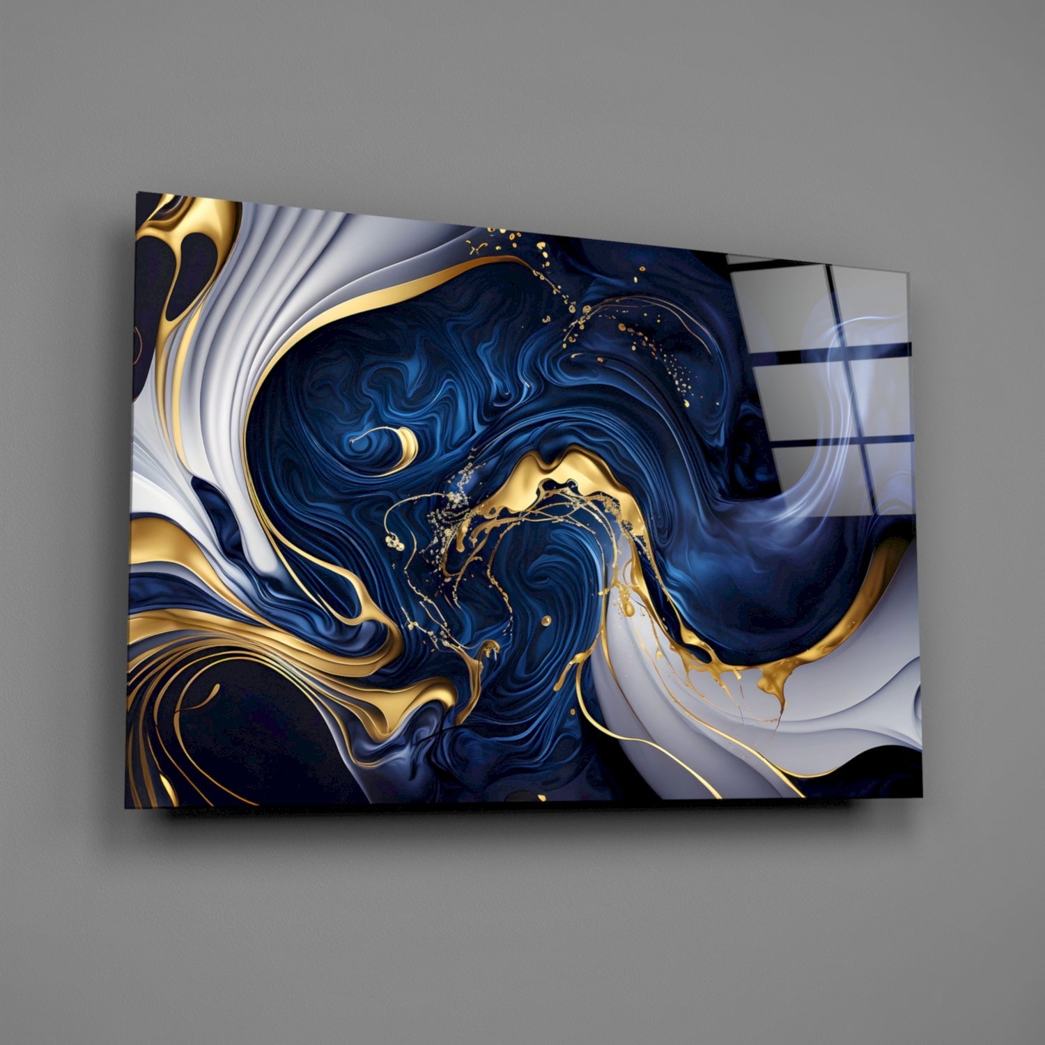 Elegant Gold Swirls on Midnight Blue Glass Wall Art-1