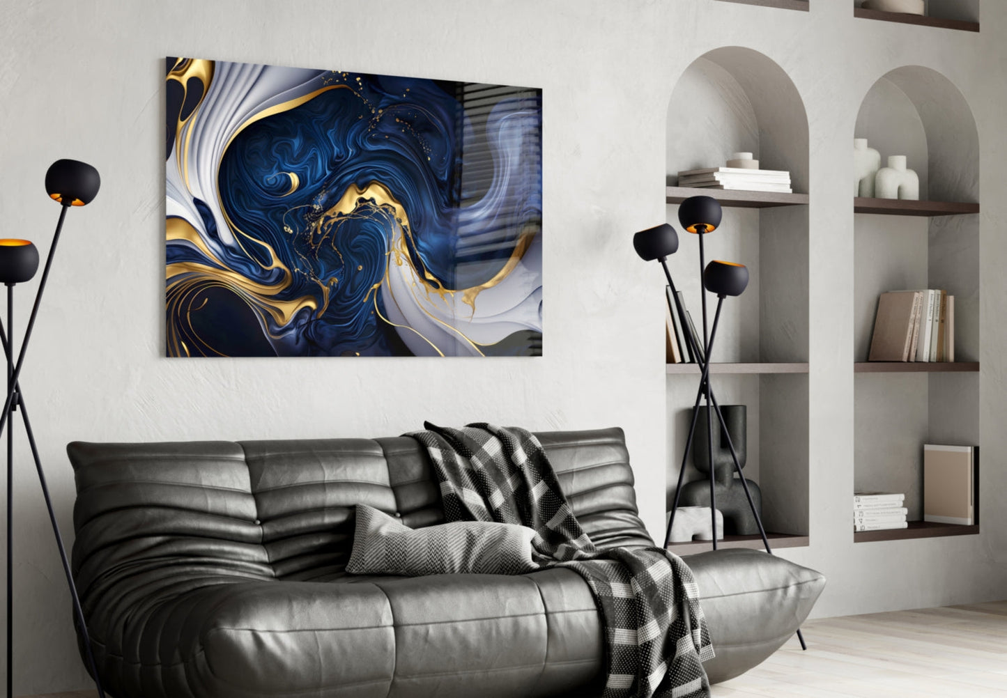 Elegant Gold Swirls on Midnight Blue Glass Wall Art-3