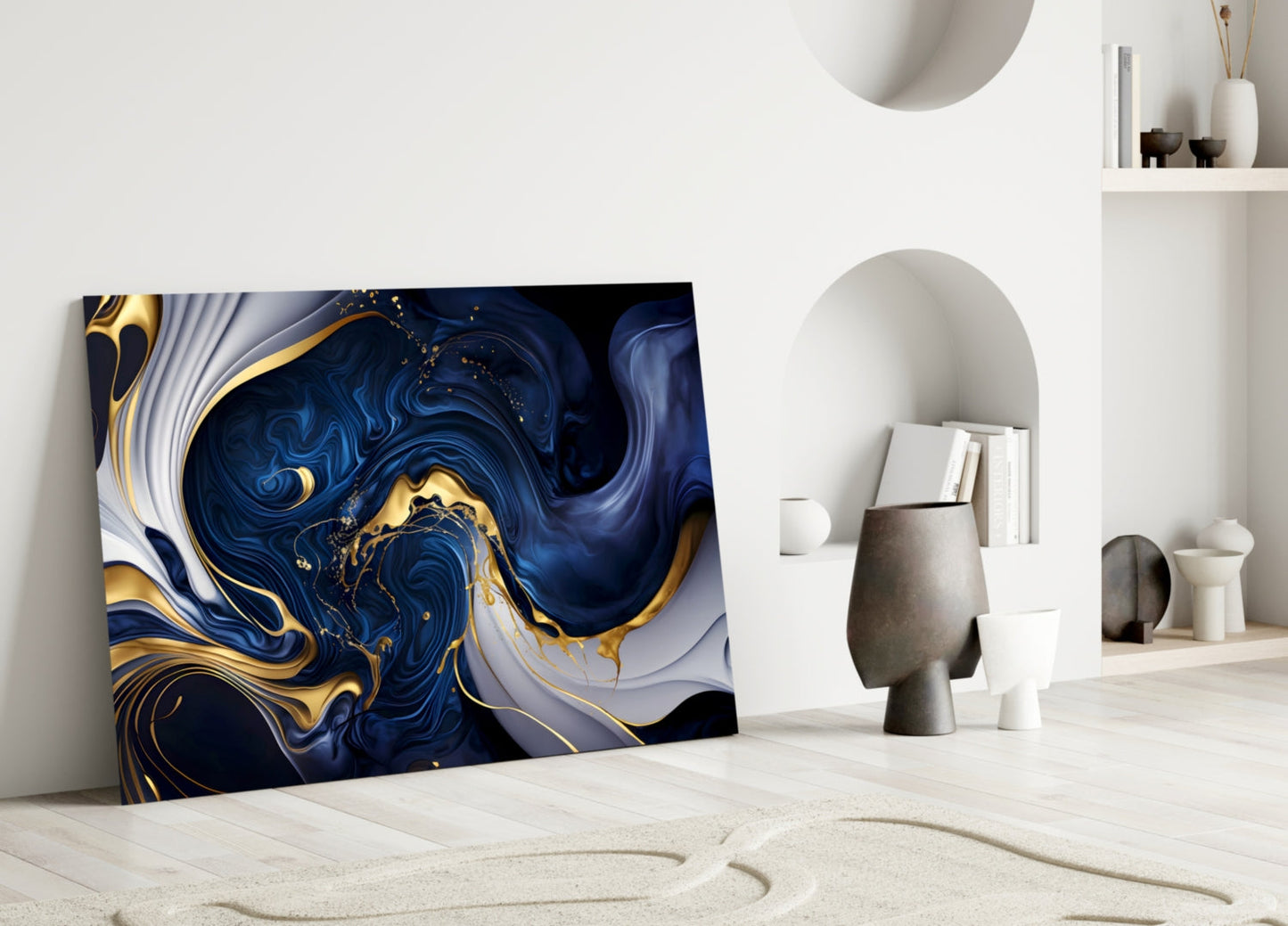 Elegant Gold Swirls on Midnight Blue Glass Wall Art-4