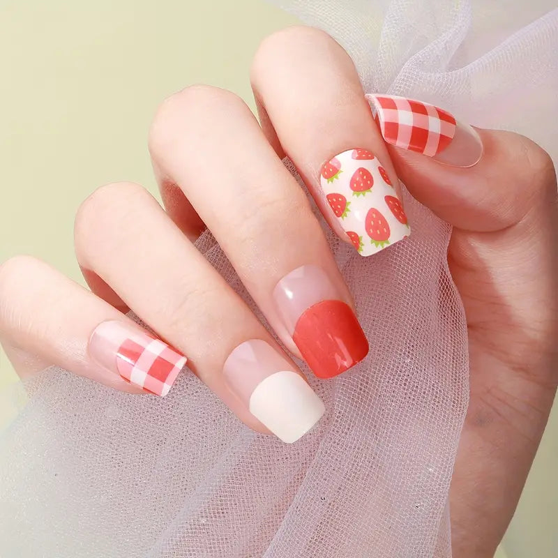 Strawberry Gingham Gel Nails-0