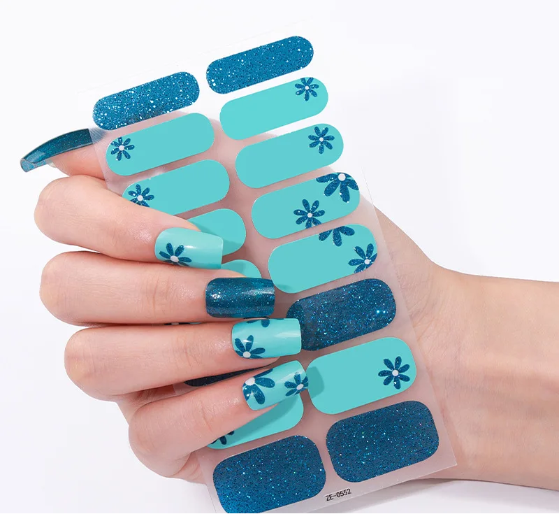 Blue Floral Gel Nails-1