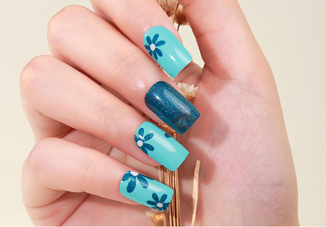 Blue Floral Gel Nails-0