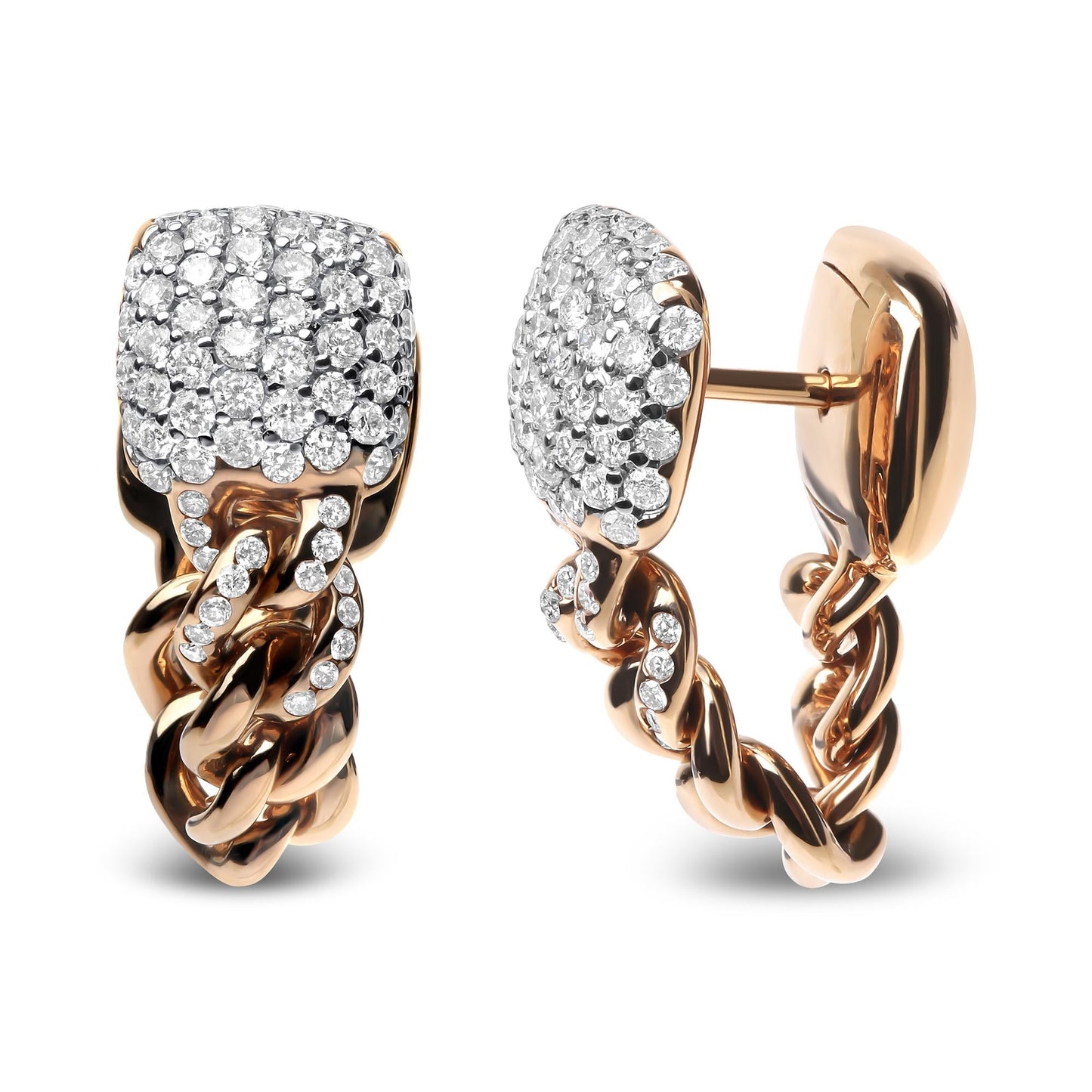 18K Rose Gold 3/4 Cttw Round Diamond Pave Cuban Chain Huggie Earrings (G-H Color, SI1-SI2 Clarity)-3