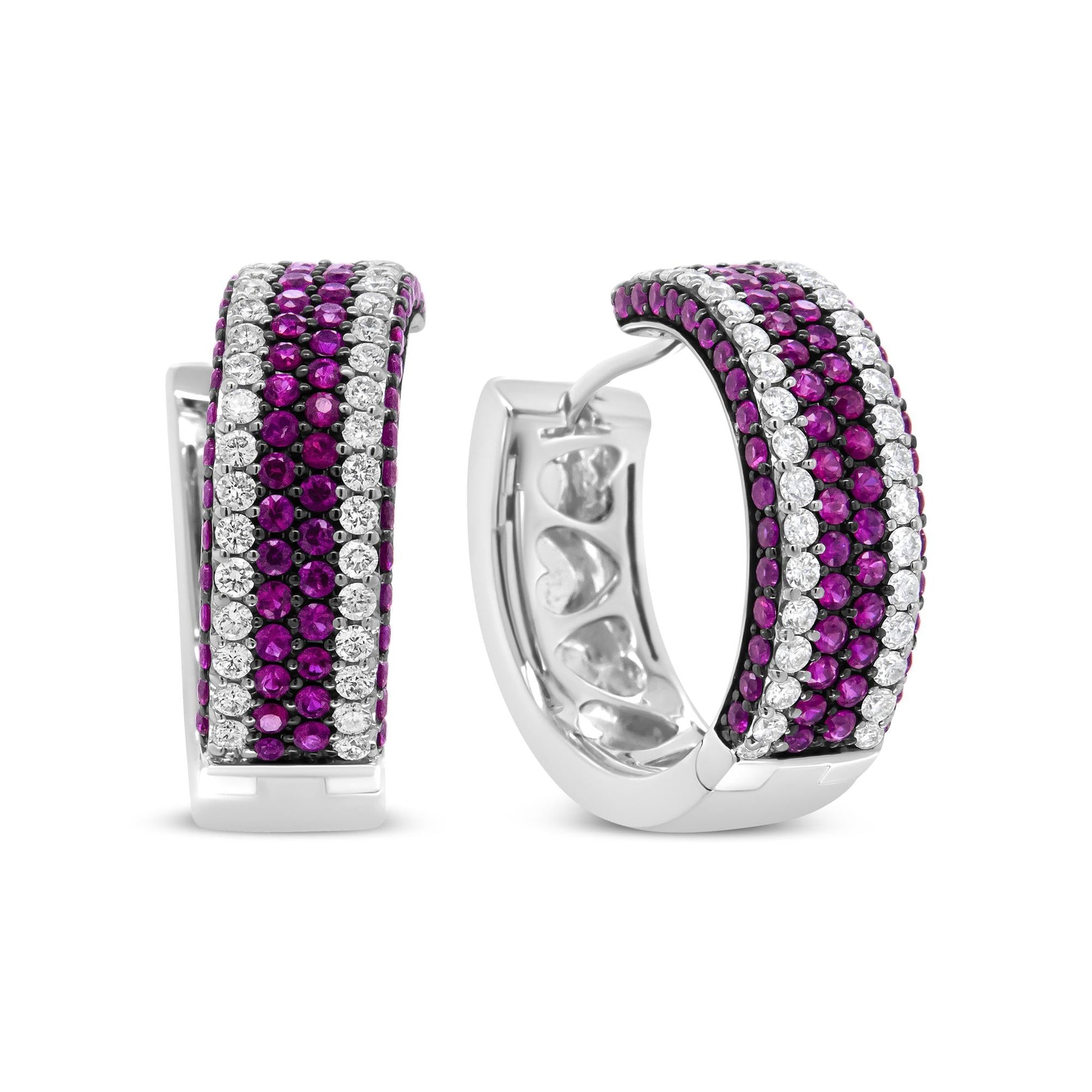 18K White Gold 1 7/8 Cttw Diamond and 1mm Round Red Ruby Open Swish Hoop Earrings (F-G Color, VS1-VS2 Clarity)-0