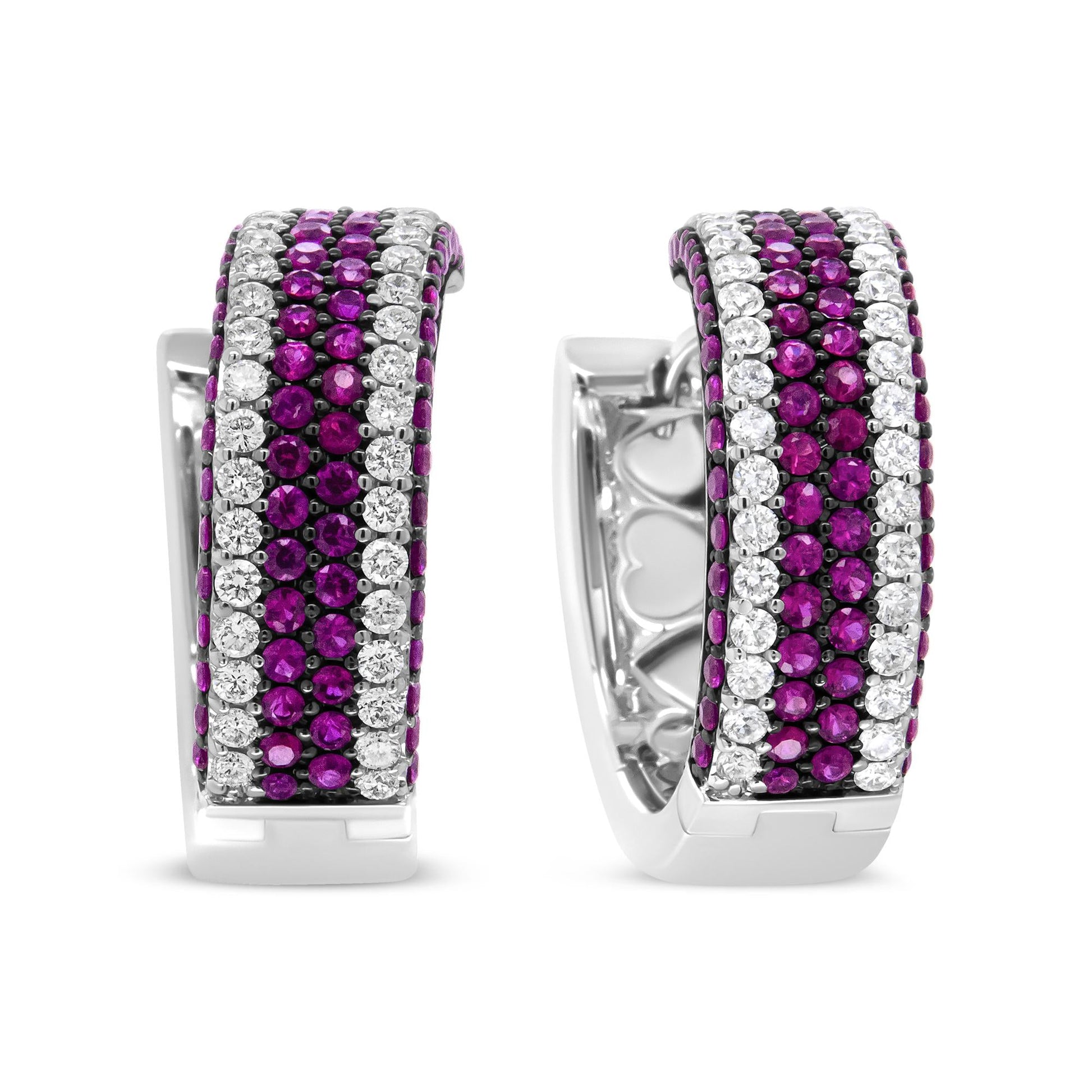 18K White Gold 1 7/8 Cttw Diamond and 1mm Round Red Ruby Open Swish Hoop Earrings (F-G Color, VS1-VS2 Clarity)-1