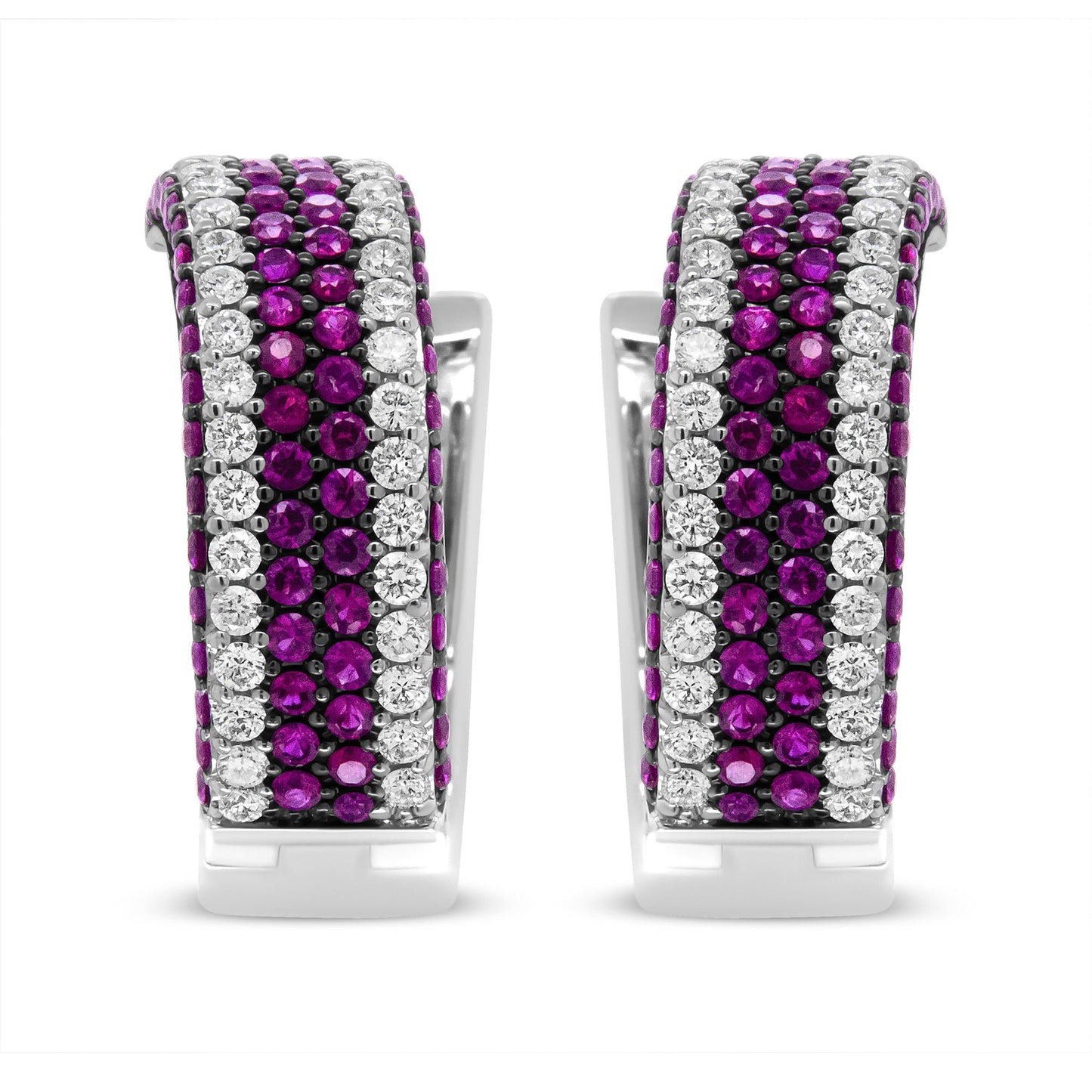 18K White Gold 1 7/8 Cttw Diamond and 1mm Round Red Ruby Open Swish Hoop Earrings (F-G Color, VS1-VS2 Clarity)-3