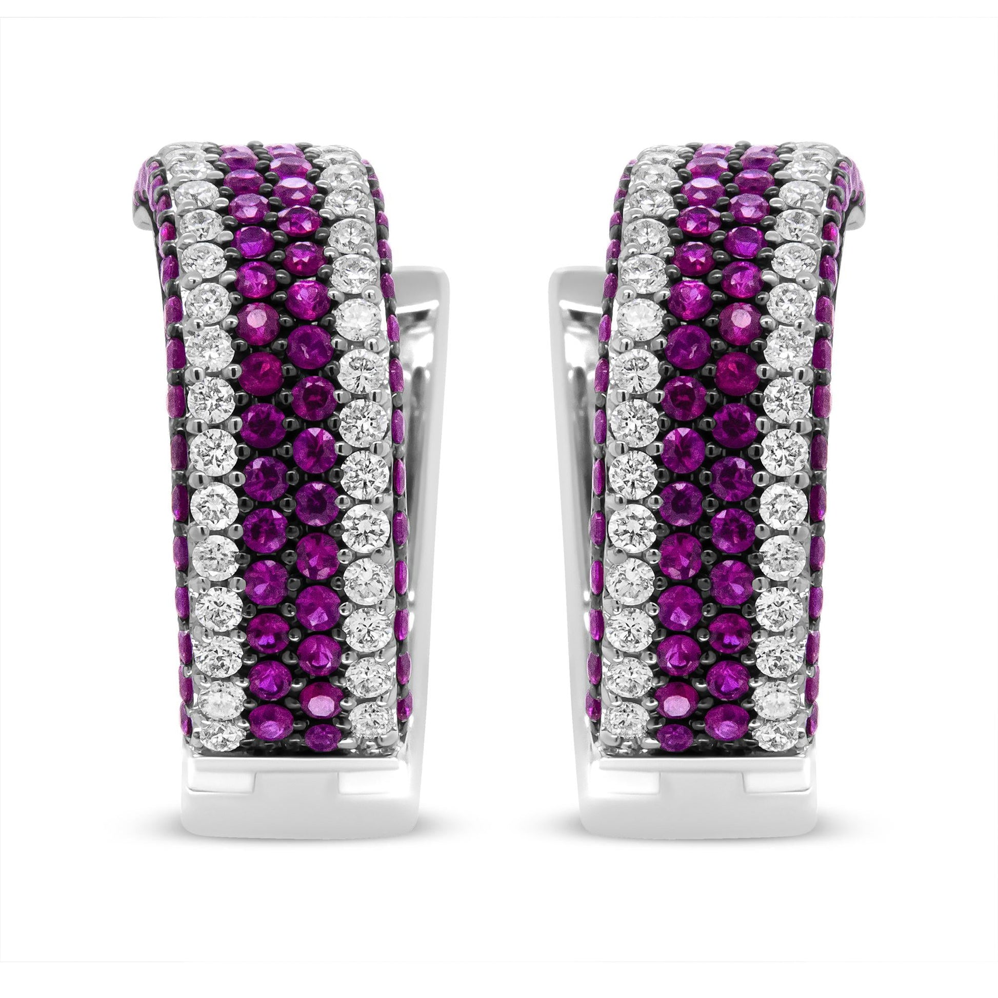 18K White Gold 1 7/8 Cttw Diamond and 1mm Round Red Ruby Open Swish Hoop Earrings (F-G Color, VS1-VS2 Clarity)-3