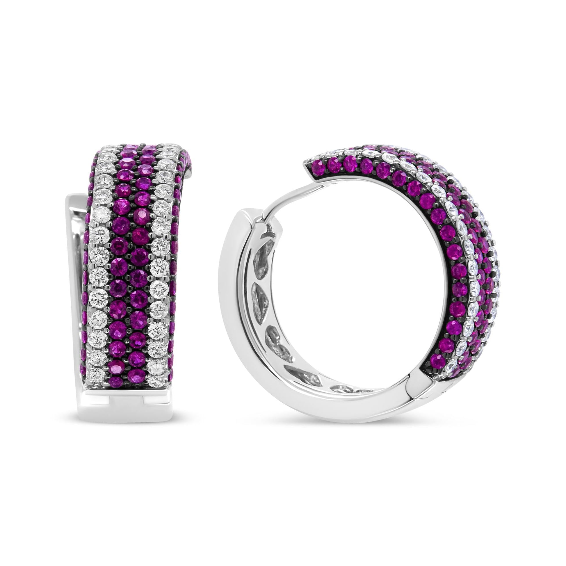 18K White Gold 1 7/8 Cttw Diamond and 1mm Round Red Ruby Open Swish Hoop Earrings (F-G Color, VS1-VS2 Clarity)-4