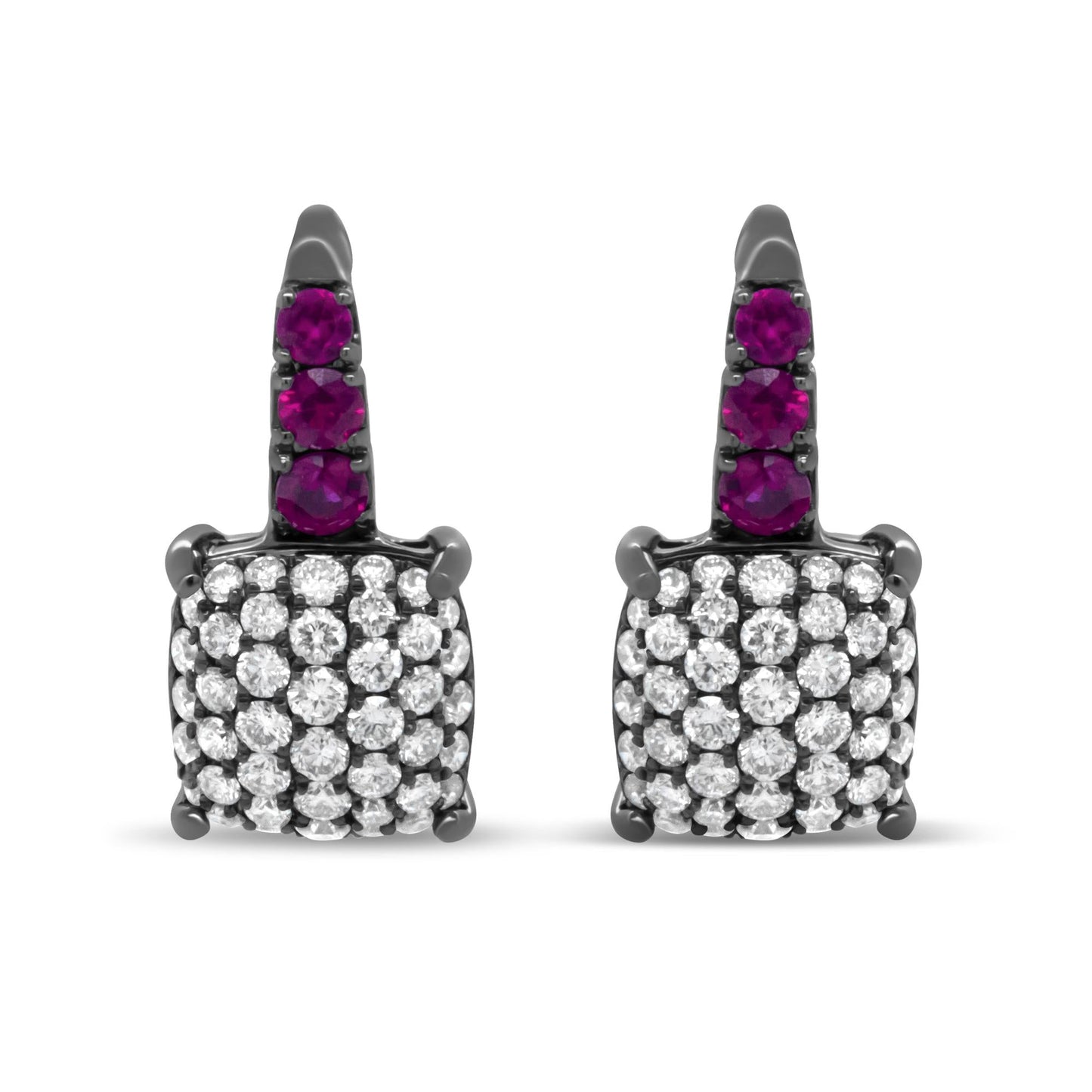 Black Rhodium Plated 18K White Gold 7/8 Cttw Round Diamond and Graduated Red Ruby Drop Earrings (F-G Color, VS1-VS2 Clarity)-0