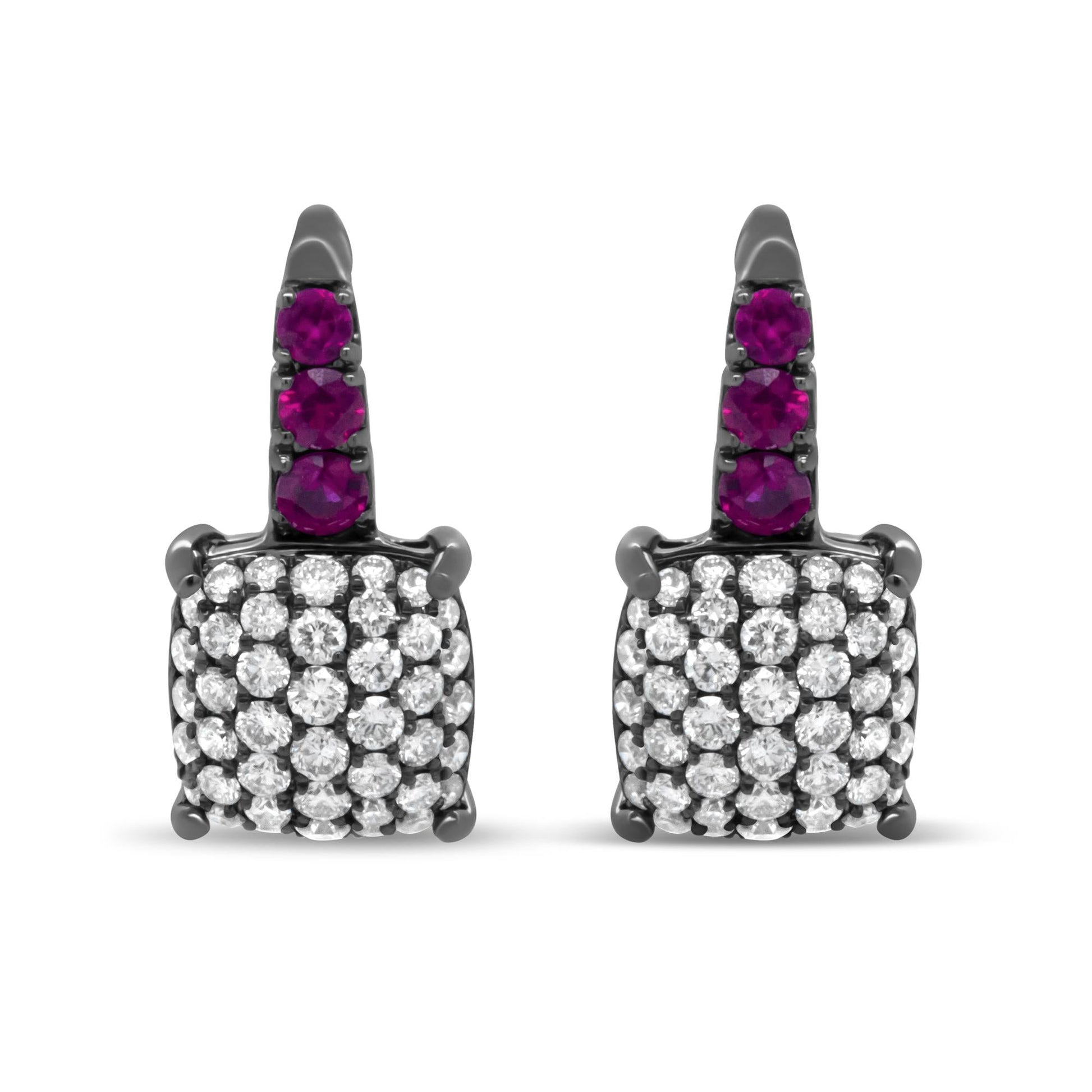 Black Rhodium Plated 18K White Gold 7/8 Cttw Round Diamond and Graduated Red Ruby Drop Earrings (F-G Color, VS1-VS2 Clarity)-0