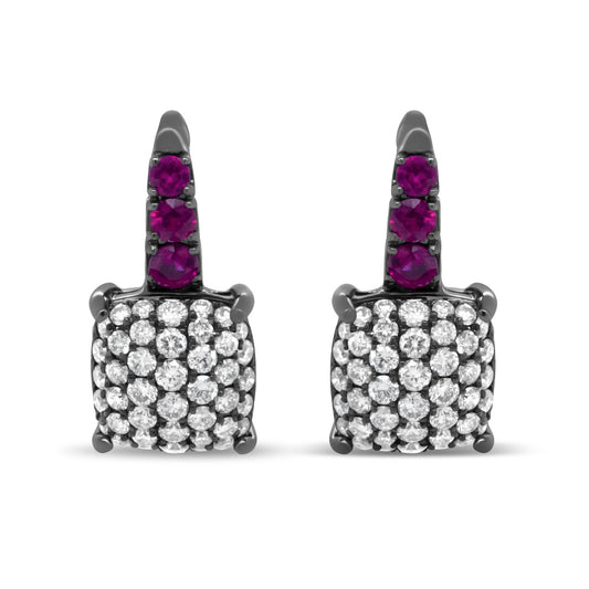 Black Rhodium Plated 18K White Gold 7/8 Cttw Round Diamond and Graduated Red Ruby Drop Earrings (F-G Color, VS1-VS2 Clarity)-0