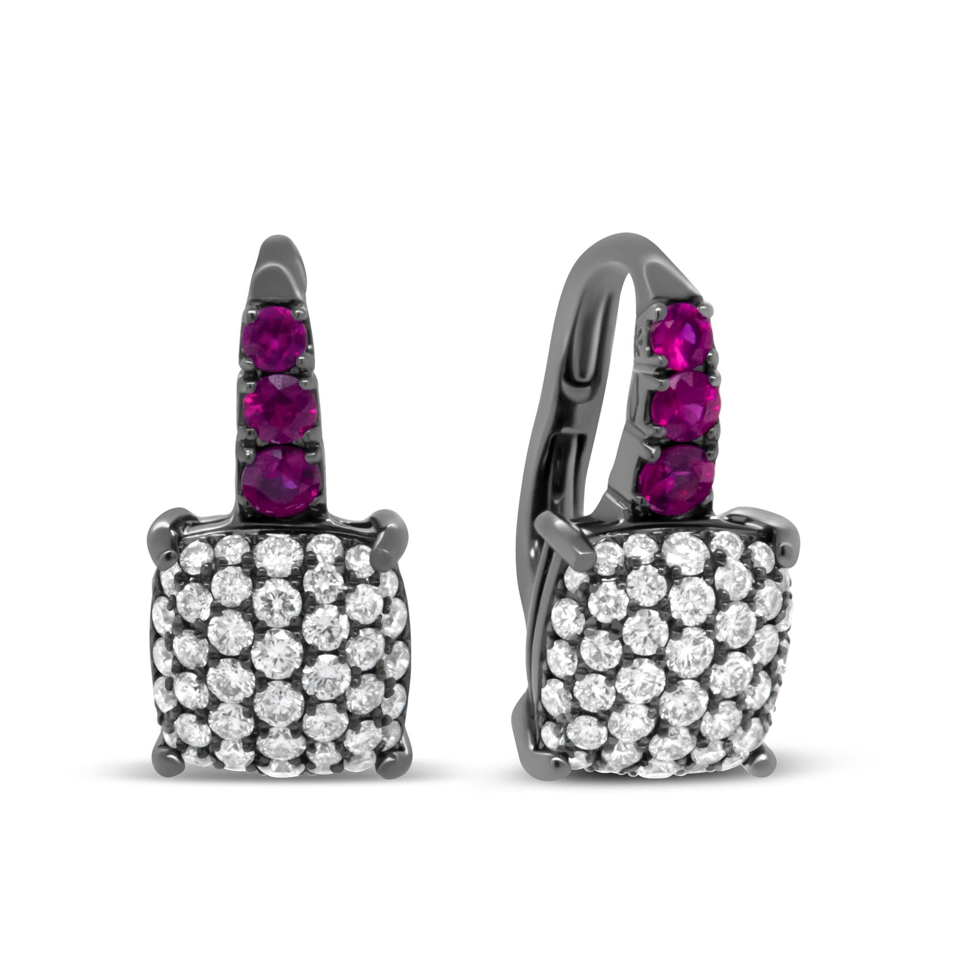 Black Rhodium Plated 18K White Gold 7/8 Cttw Round Diamond and Graduated Red Ruby Drop Earrings (F-G Color, VS1-VS2 Clarity)-1