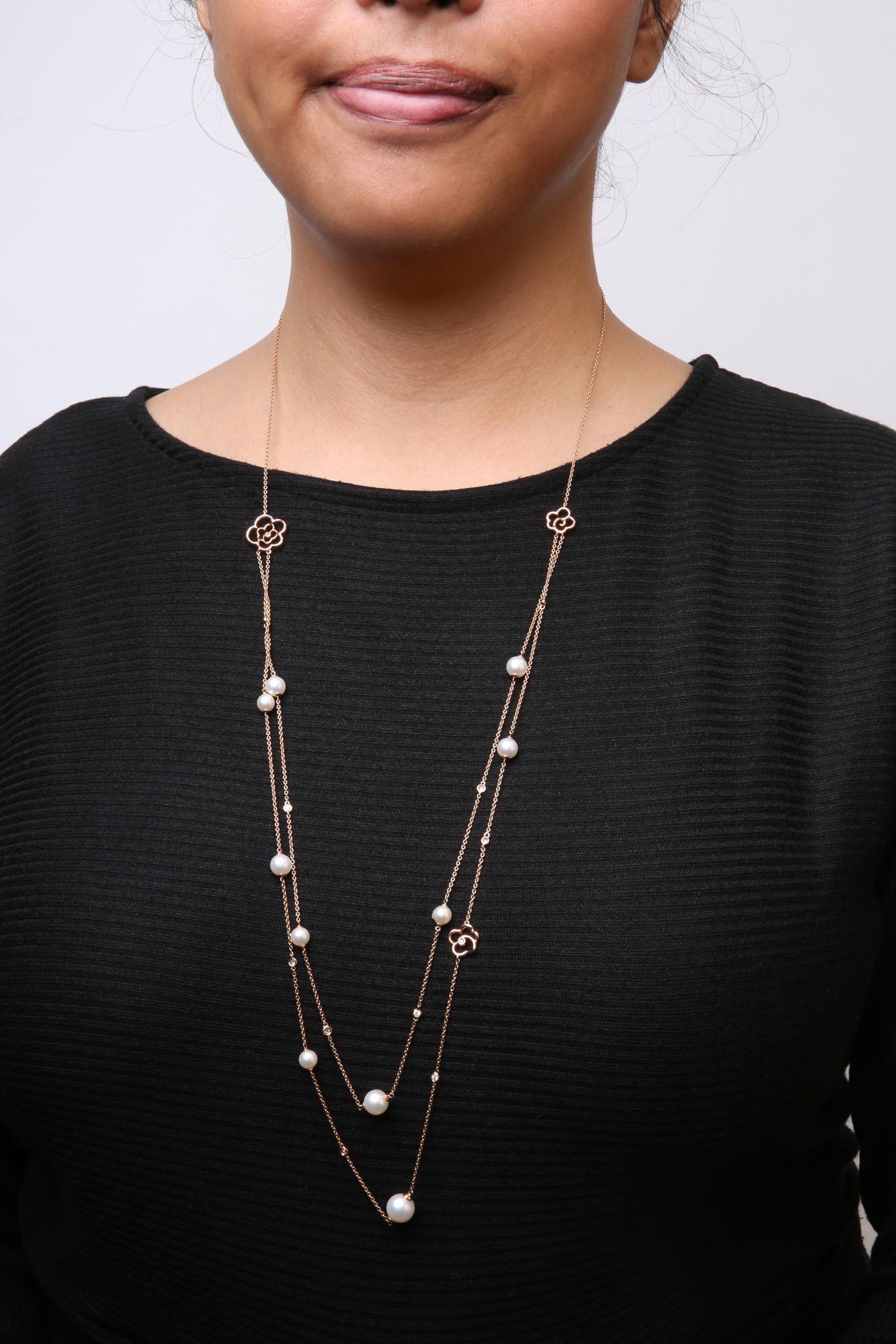 18K Rose Gold 1/2 Cttw Diamond and Freshwater Pearl Double Strand Station Necklace  (G-H Color, SI1-SI2 Clarity) - Adjustable up to 16" to 20"-2