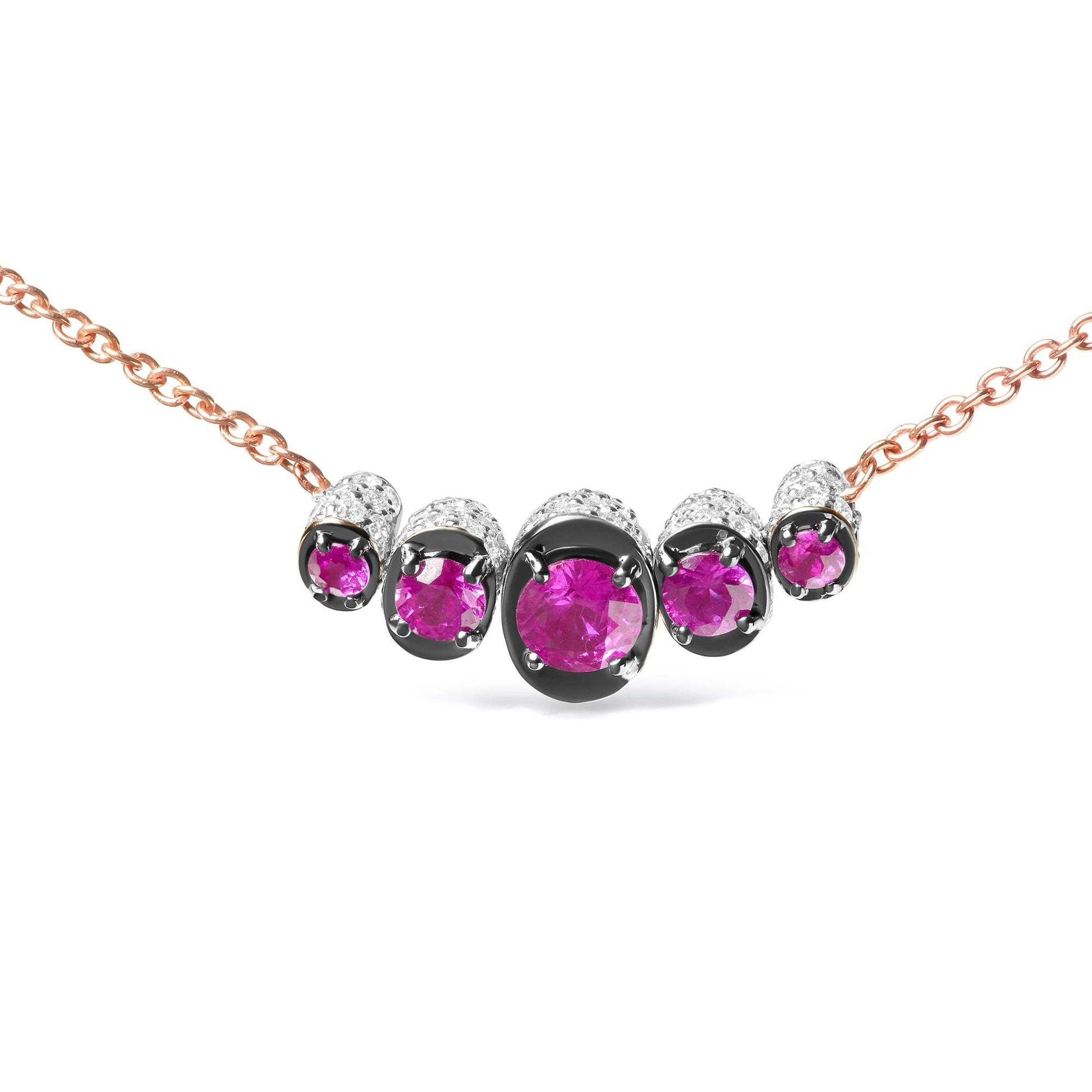 18K Rose Gold 3/4 Cttw Pave Diamonds and Graduated Red Ruby Gemstone Curved Bar Choker Necklace (G-H Color, SI1-SI2 Clarity) - Adjustable up to 14" - 16.5"-1