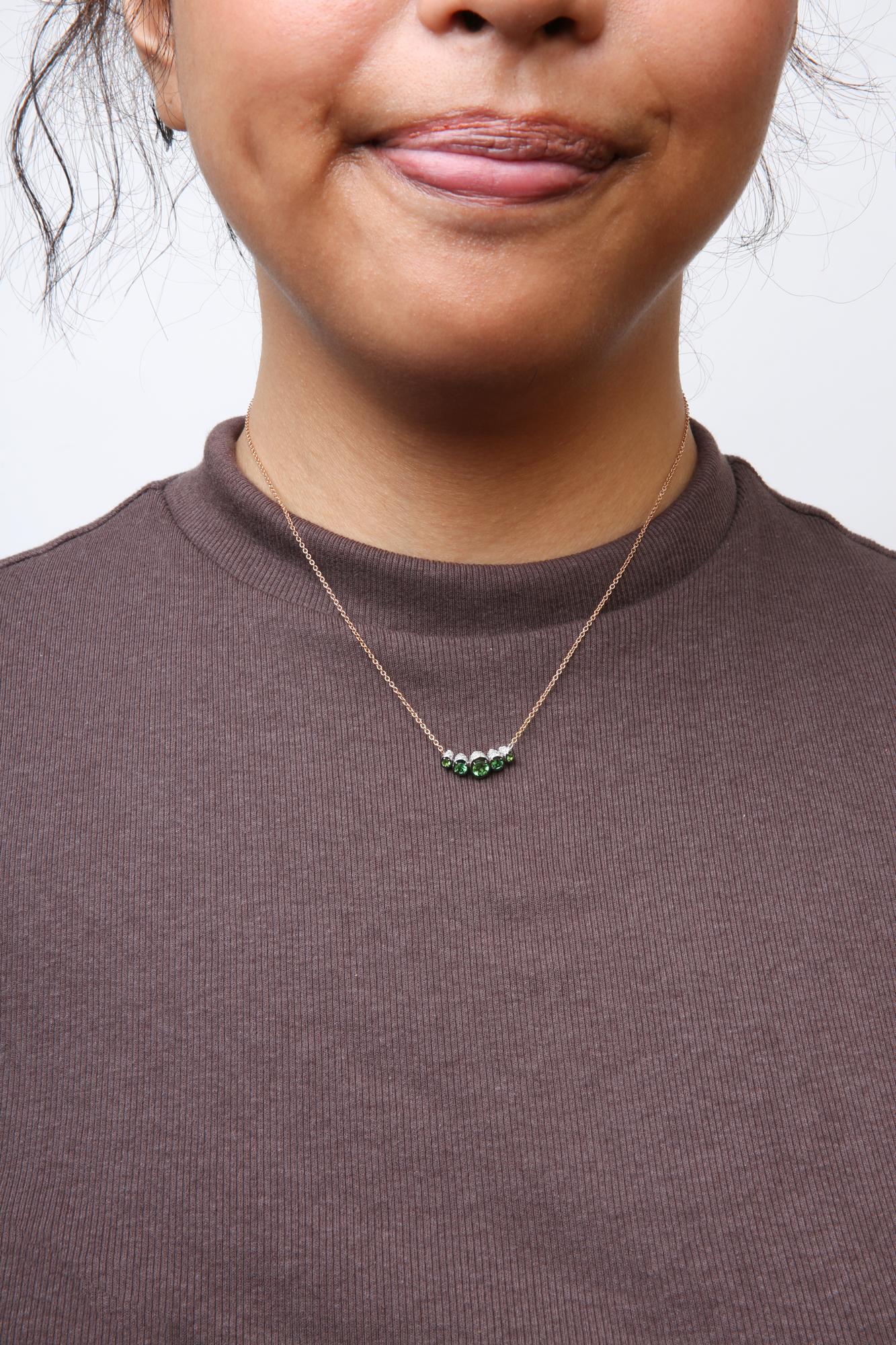 18K Rose Gold 3/4 Cttw Pave Diamonds and Graduated Green Tsavorite Gemstone Curved Bar Choker Necklace (G-H Color, SI1-SI2 Clarity) - Adjustable up to 14" - 16.5"-2