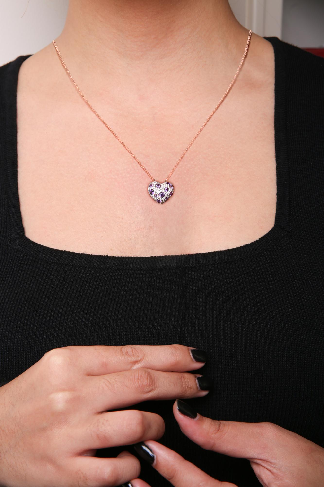 18K Rose Gold 3/4 Cttw Diamond and Purple Amethyst Cluster Heart Shape 18" Pendant Necklace (G-H Color, SI1-SI2 Clarity)-2