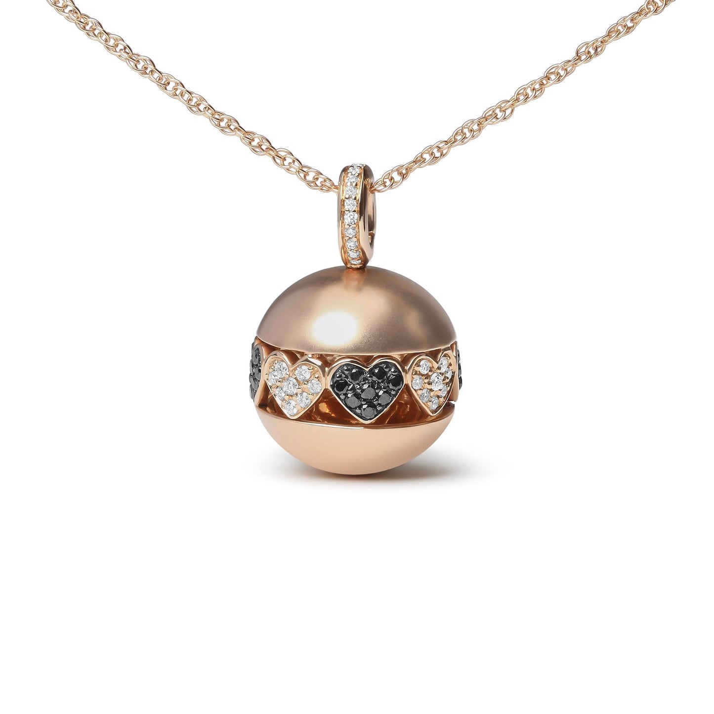18K Rose Gold 3/8 Cttw Black and White Diamond Ball with Filigree Heart and Cluster Design 18" Pendant Necklace (Black and G-H Color, SI1-SI2 Clarity)-0