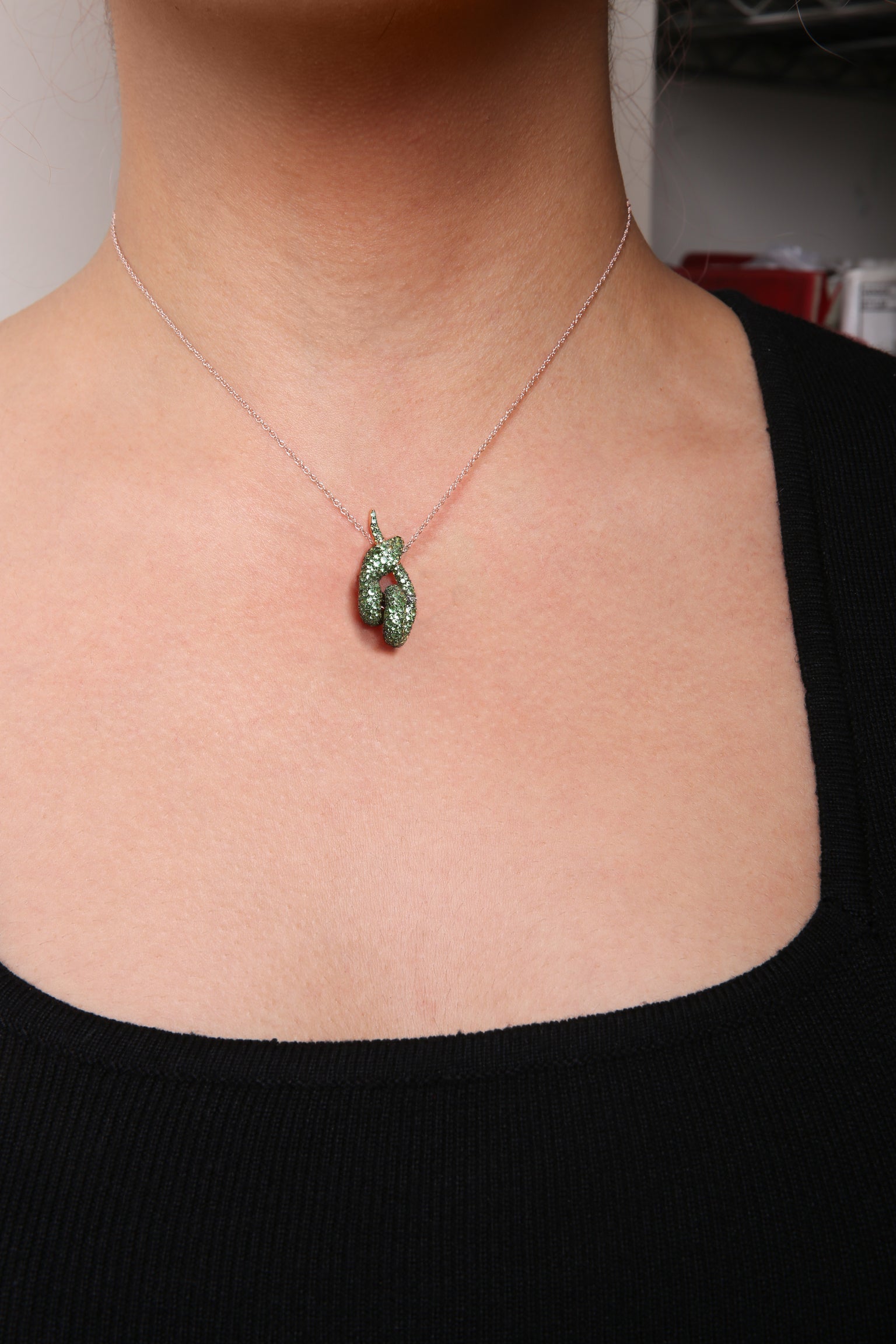 18K Rose Gold Round Green Tsavorite Gemstone Cluster Spiral Snake Design 18" Pendant Necklace (AAA+ Quality)-2