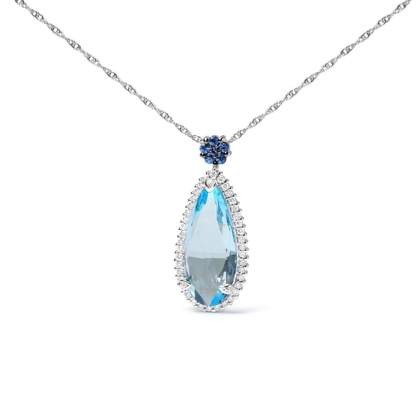 18K White Gold 3/8 Cttw Pave Set Diamond and Sky Blue Topaz and Blue Sapphire Gemstone Floral Teardrop Halo 18" Pendant Necklace (G-H Color, SI2-I1 Clarity)-0