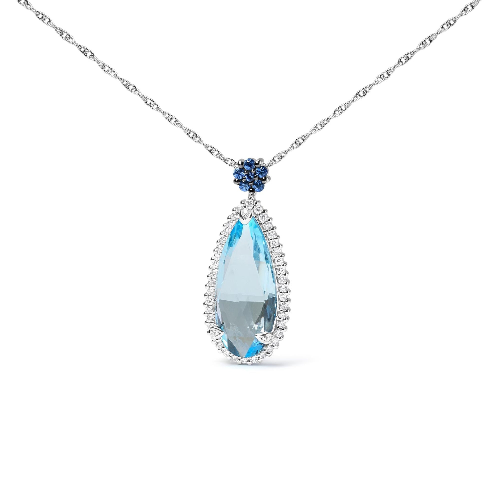18K White Gold 3/8 Cttw Pave Set Diamond and Sky Blue Topaz and Blue Sapphire Gemstone Floral Teardrop Halo 18" Pendant Necklace (G-H Color, SI2-I1 Clarity)-0