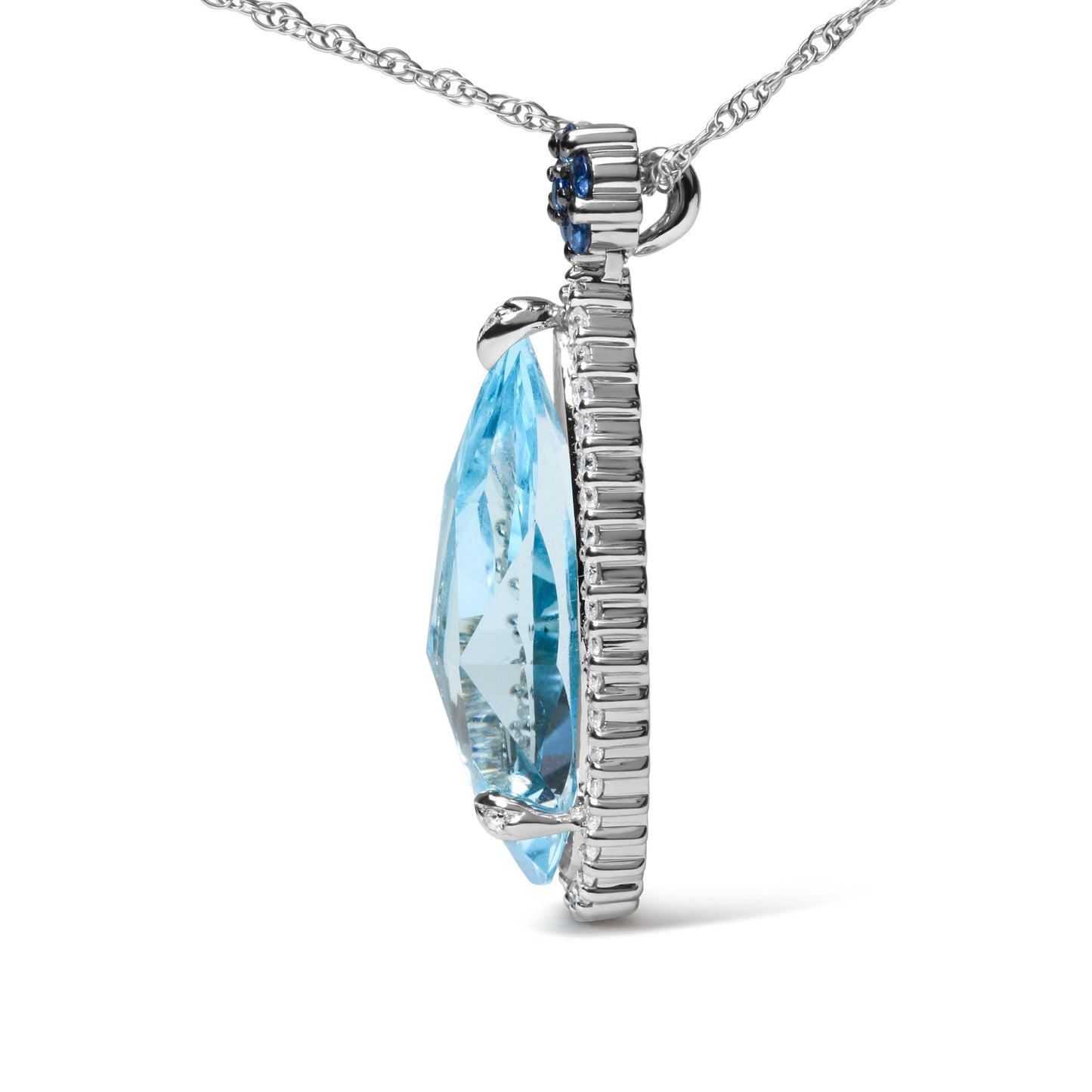 18K White Gold 3/8 Cttw Pave Set Diamond and Sky Blue Topaz and Blue Sapphire Gemstone Floral Teardrop Halo 18" Pendant Necklace (G-H Color, SI2-I1 Clarity)-3