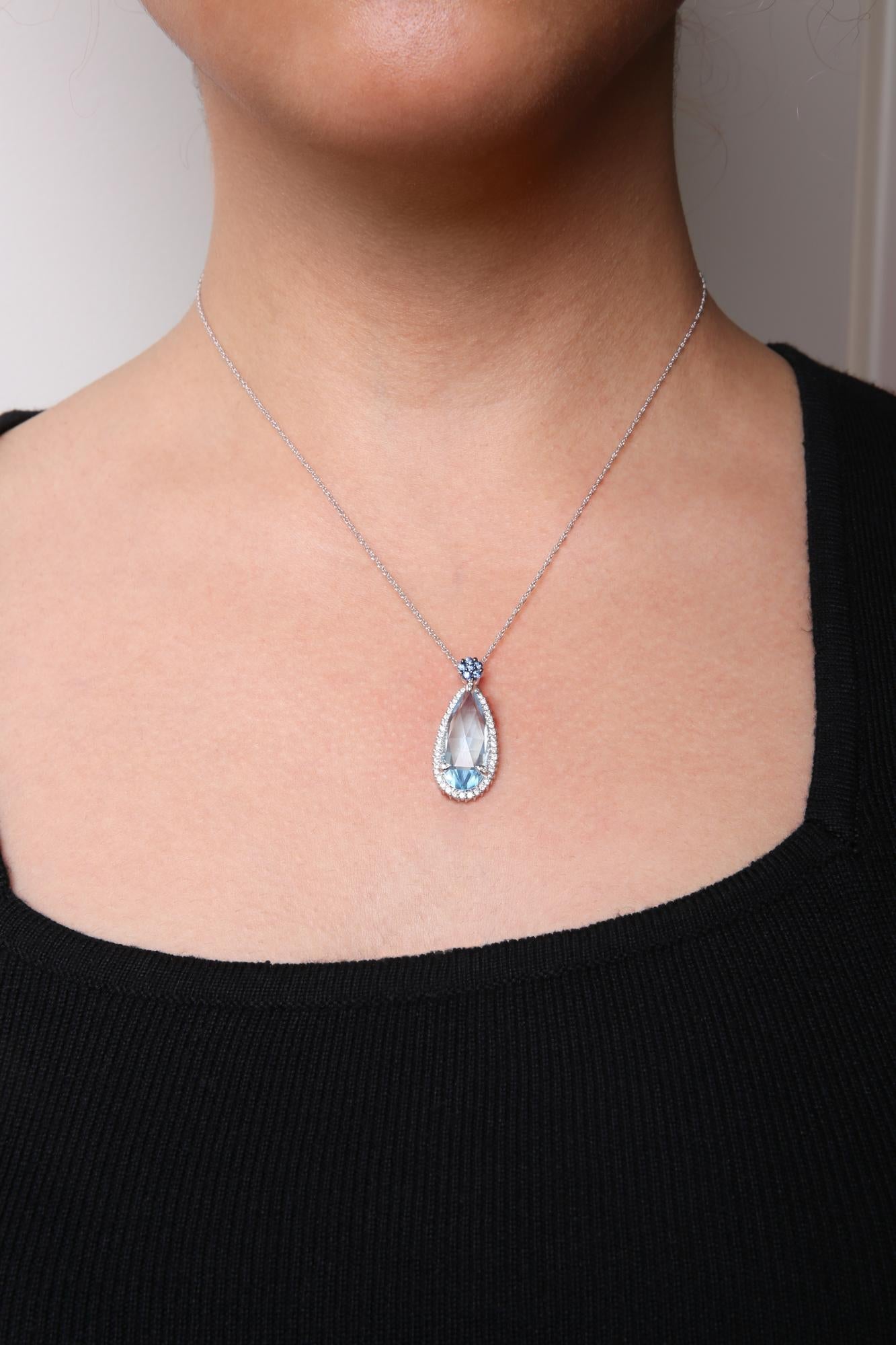18K White Gold 3/8 Cttw Pave Set Diamond and Sky Blue Topaz and Blue Sapphire Gemstone Floral Teardrop Halo 18" Pendant Necklace (G-H Color, SI2-I1 Clarity)-2