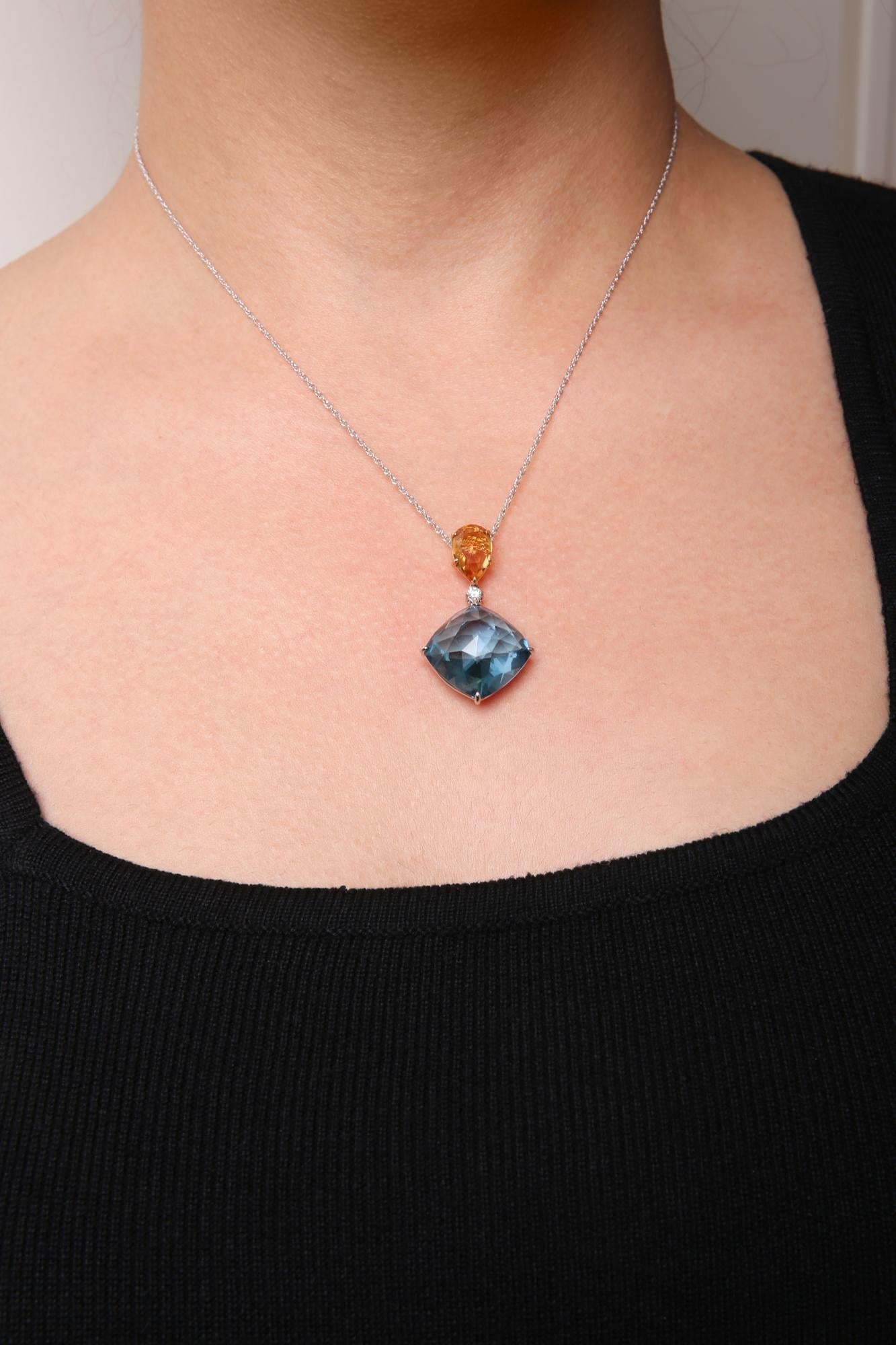 18K White and Yellow Gold Diamond Accent and Yellow Citrine and Sky Blue Topaz Gemstone Dangle Drop 18" Pendant Necklace (G-H Color, SI1-SI2 Clarity)-2