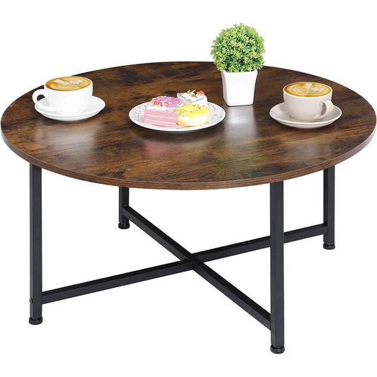 Modern Round Industrial Coffee Table with Rustic Brown Wood Top-0