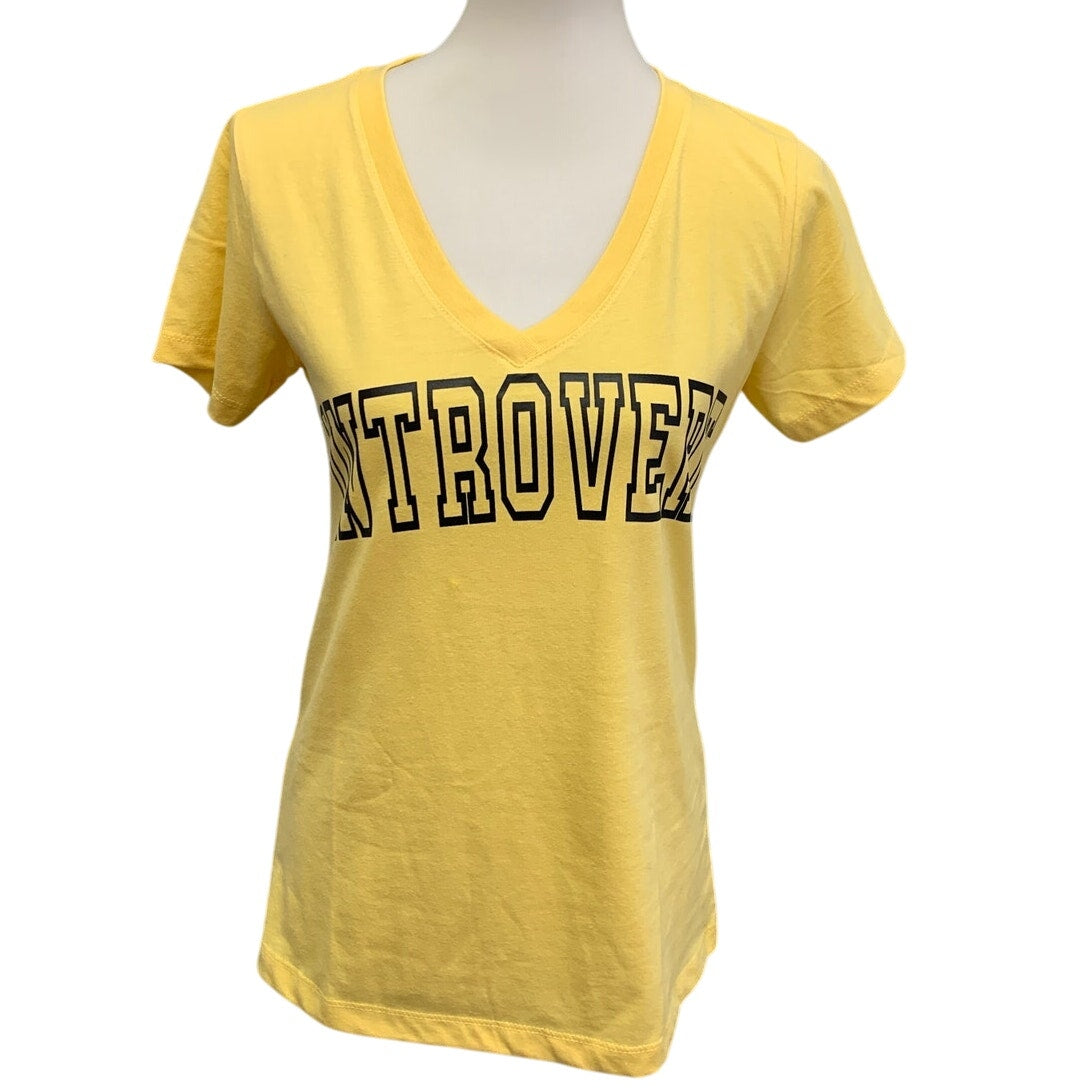 New Hand Printed Womens Medium Introvert V-Neck Short Sleeve Tee Shirt