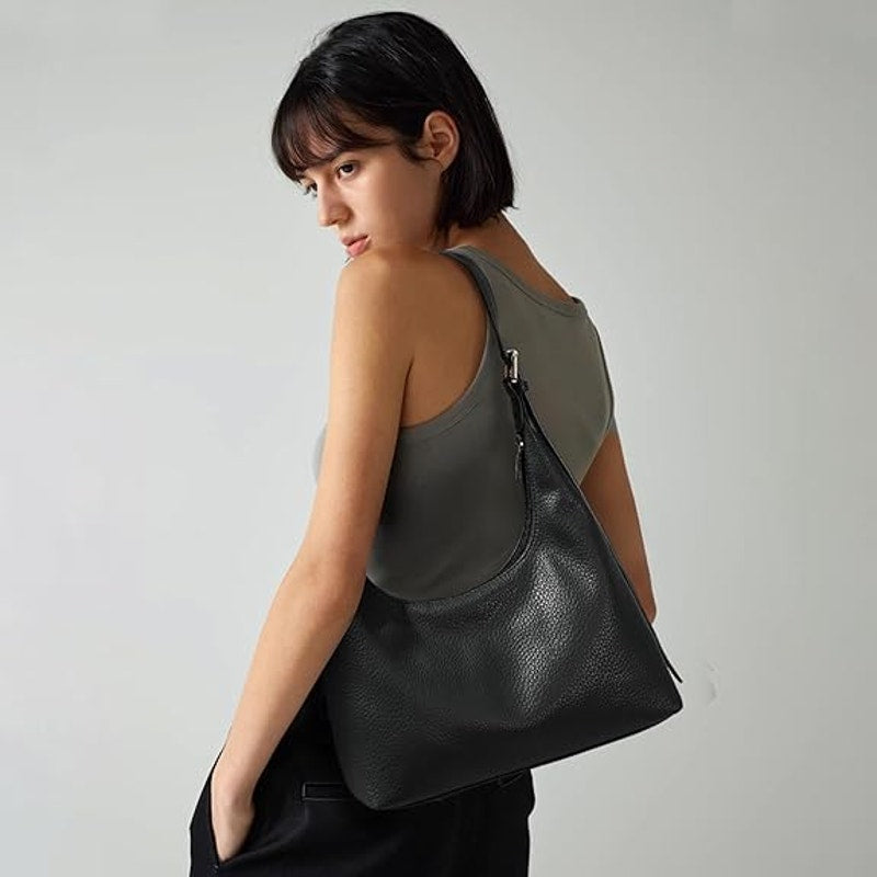 Kalidi Womens Black Faux Leather Adjustable Strap Zipper Close Crescent Tote Bag
