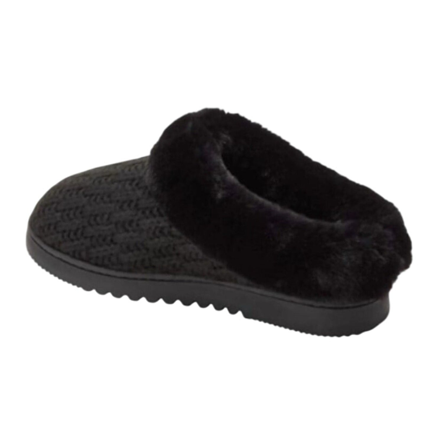 New In Box Dearfoam Women Medium 7/8 Black Faux Fur Lined Knit Slide On Slippers