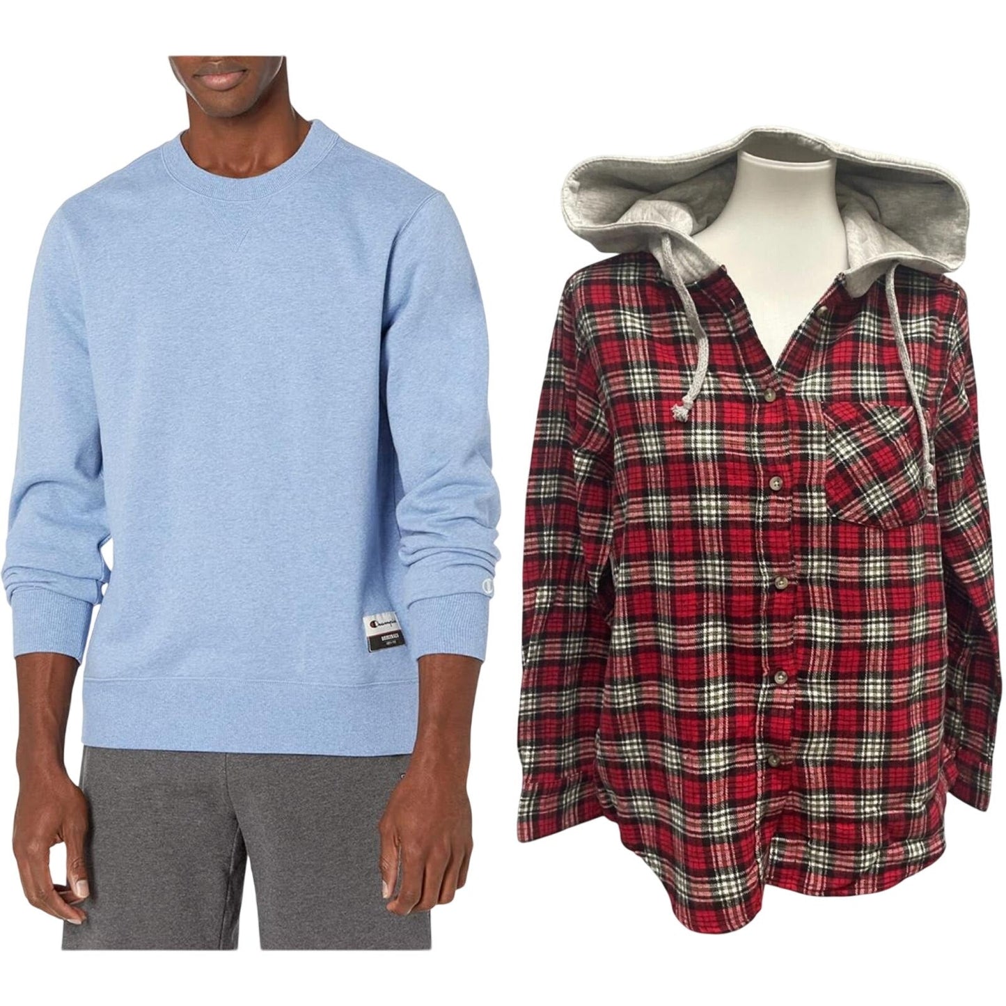 New Champion Unisex Medium Blue Pullover Sweatshirt w Bonus Plaid Flannel Hoodie
