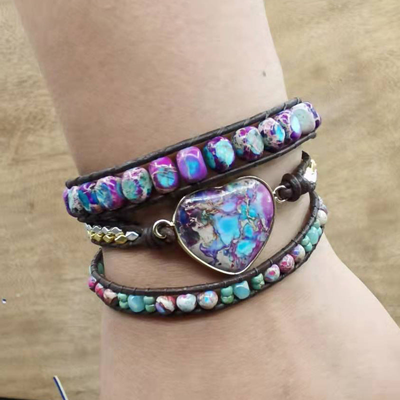 Purple Emperor Stone 3 Circles Cowhide Rope Beaded Bracelet