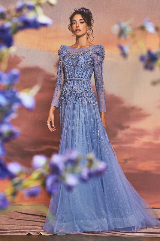 Azurite Beaded Sheer Long Sleeves A-Line Long Prom Dress