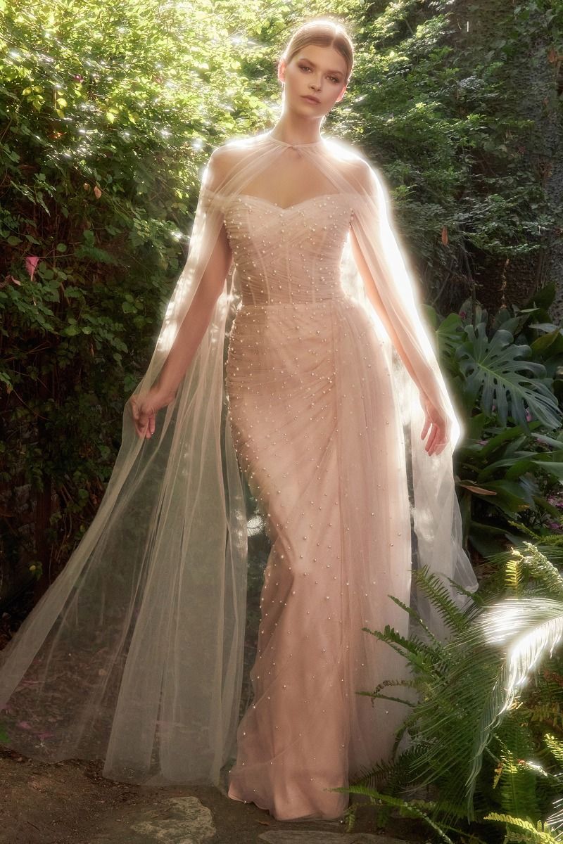 Pearl Pleated Tulle With Cape Off Shoulder Fitted Long Prom Gown CDA1219