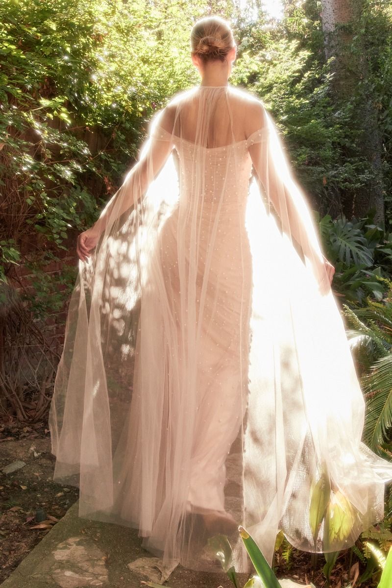 Pearl Pleated Tulle With Cape Off Shoulder Fitted Long Prom Gown CDA1219
