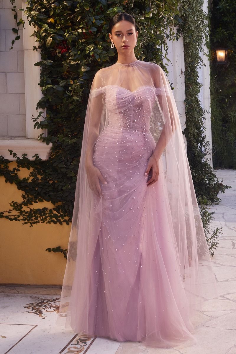 Pearl Pleated Tulle With Cape Off Shoulder Fitted Long Prom Gown CDA1219