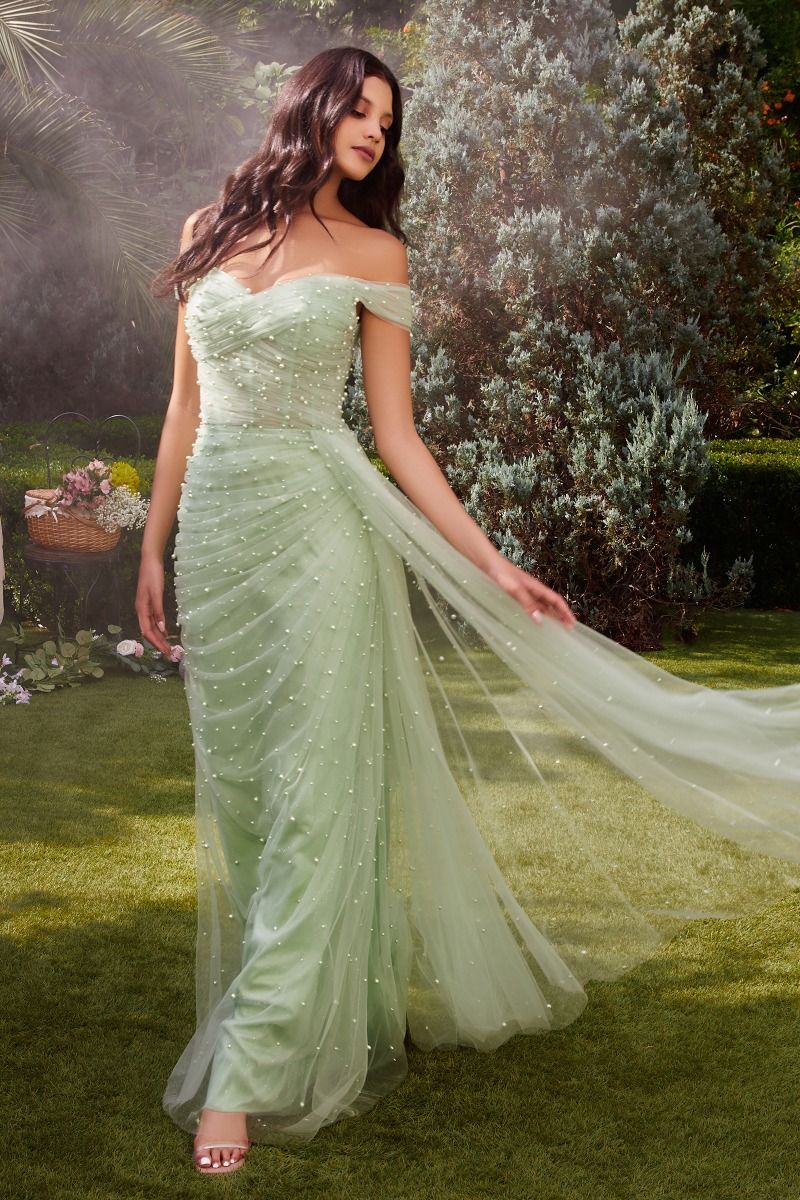 Pearl Pleated Tulle With Cape Off Shoulder Fitted Long Prom Gown CDA1219