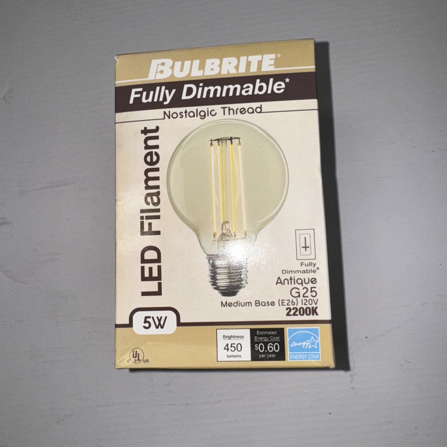 BULBRITE FULLY DIMMABLE 5W LED FILAMENT ANIQUE G25