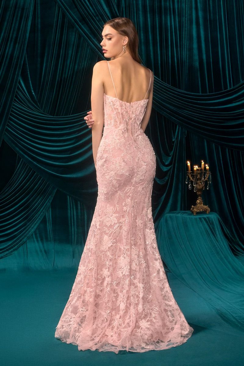 Romantic Floral Lace Embellished Prom Long Sheath Gown w/ Mini Front Bows CDA1499