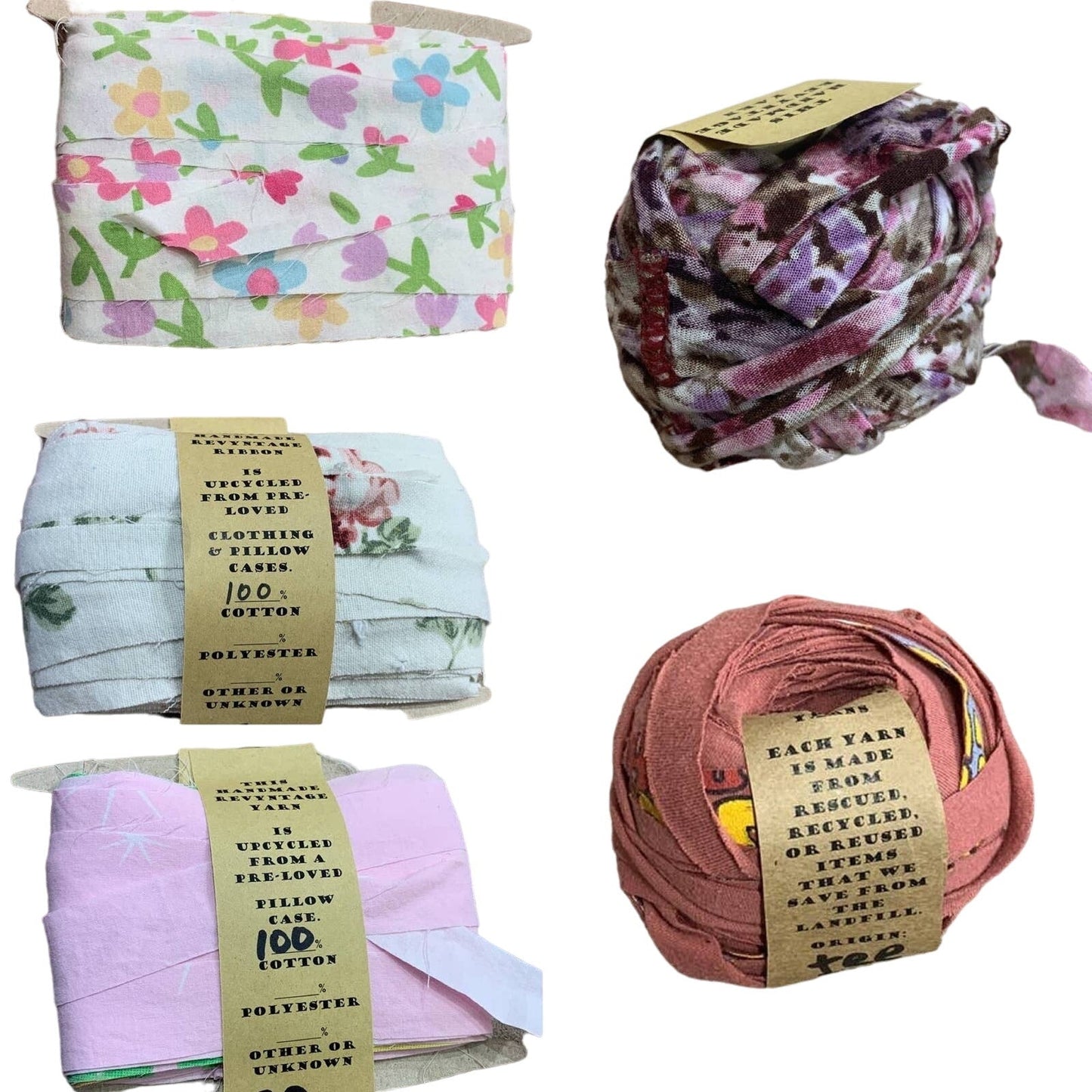 100 yds Handmade Upcycled Floral T-Shirt Fabric Ribbon Yarn Sampler Pack Pinks