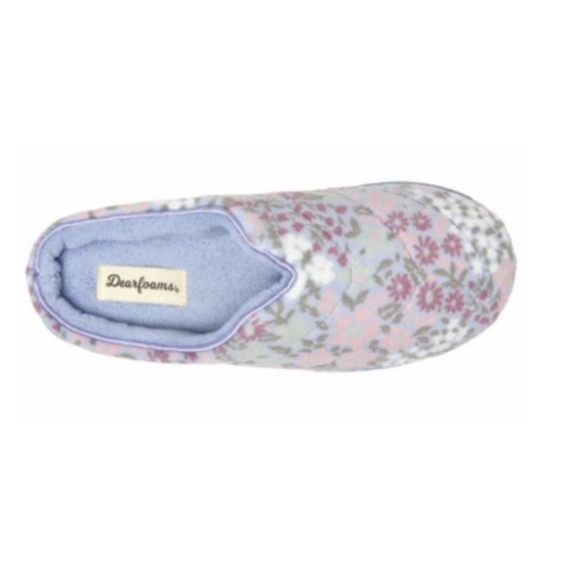 New In Box Dearfoams Womens Medium 7/8 Blue Floral Memory Foam House Slippers