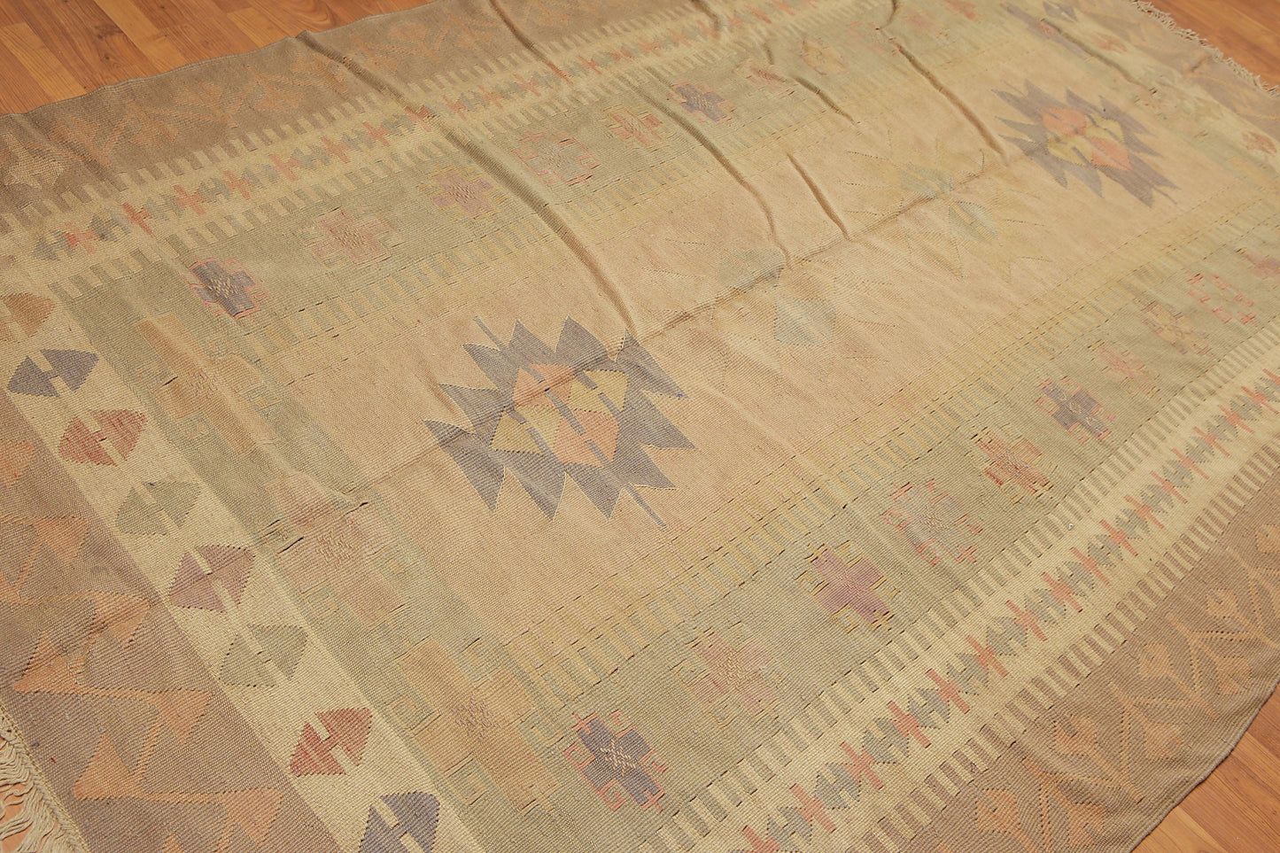 6'4" x 10'3" Tan Hand woven Tribal Turkish Kilim Wool Vegetable Dyes Traditional Oriental Area rug-2