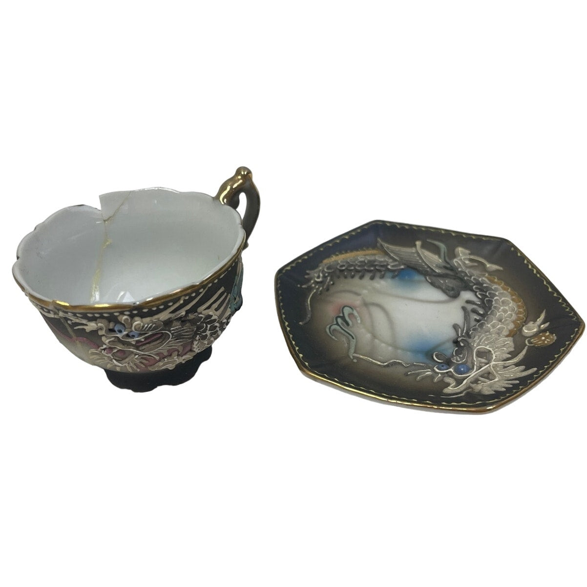 Vintage Soka China Chipped Collectable Dragon Mini Small Teacup w Saucer