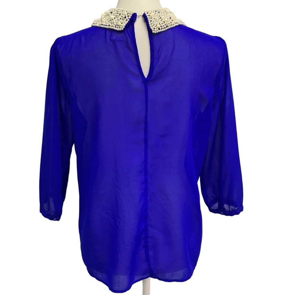 DizzyLizzy Womens Large Sheer Lightweight Pearl Beaded Collar Blouson Sleeve Top