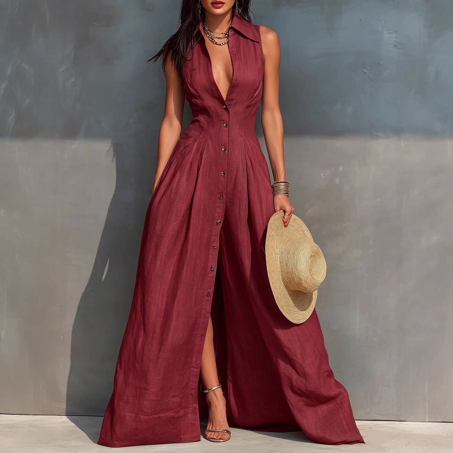 Women's High-Waist Lapel Shirt Maxi Dress – Elegant & Versatile